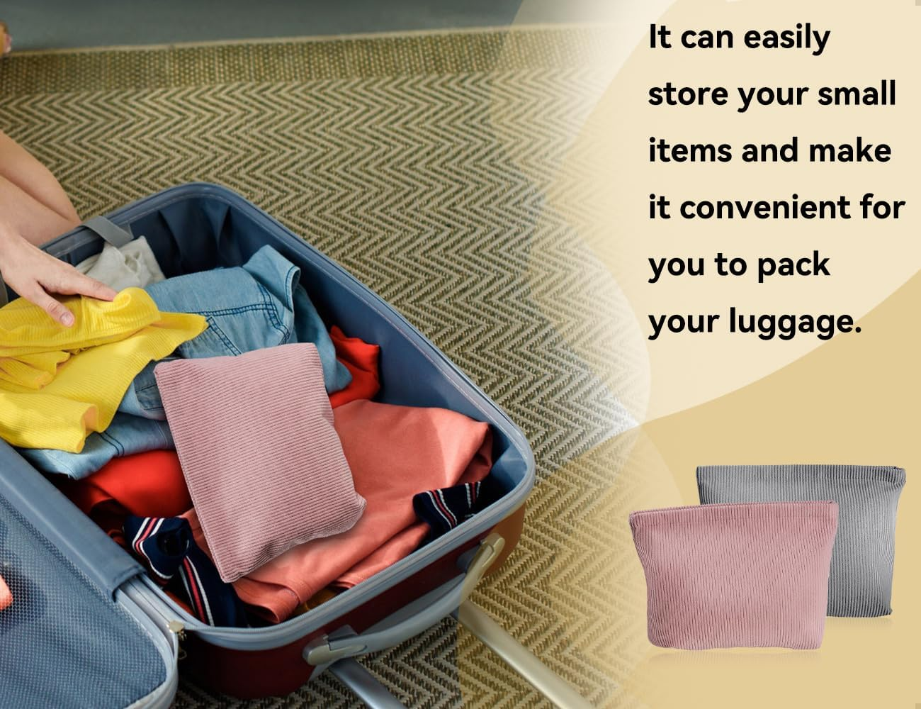 Emezddo Pack of 2 Cosmetic Bags, Portable Corduroy Women Girls Makeup Bag, Small Travel Make up Bag with Zip, Used for Travel, Home, Office, Skincare (Grey and Pink) image number 3