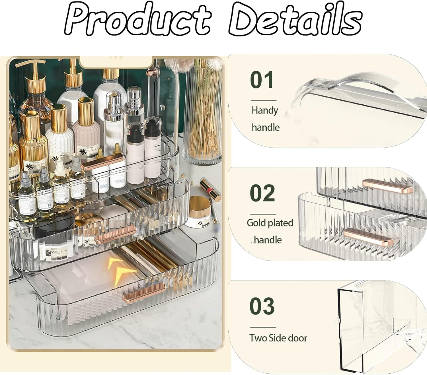 Makeup Organizer, Cosmetics Organizer Box with Double-Layer Drawers, Double-Sided Flap Design, Cosmetics Storage Display Case for Countertop, Dresser, Bedroom, Bathroom