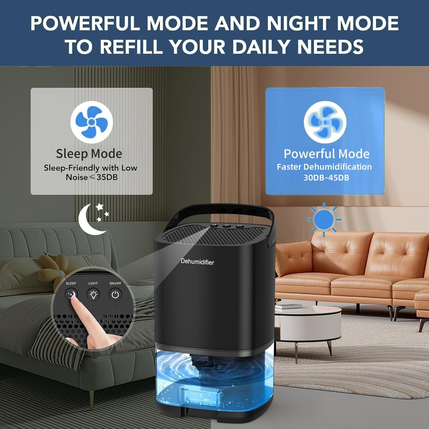 Small Dehumidifier for Home &ndash; Ultra Quiet Dehumidifier Moisture Absorber with Auto Shut Off, 7 LED Lights, Portable Mini Dehumidifiers for Bedroom, Bathroom, Closet, RV, Black image number 4