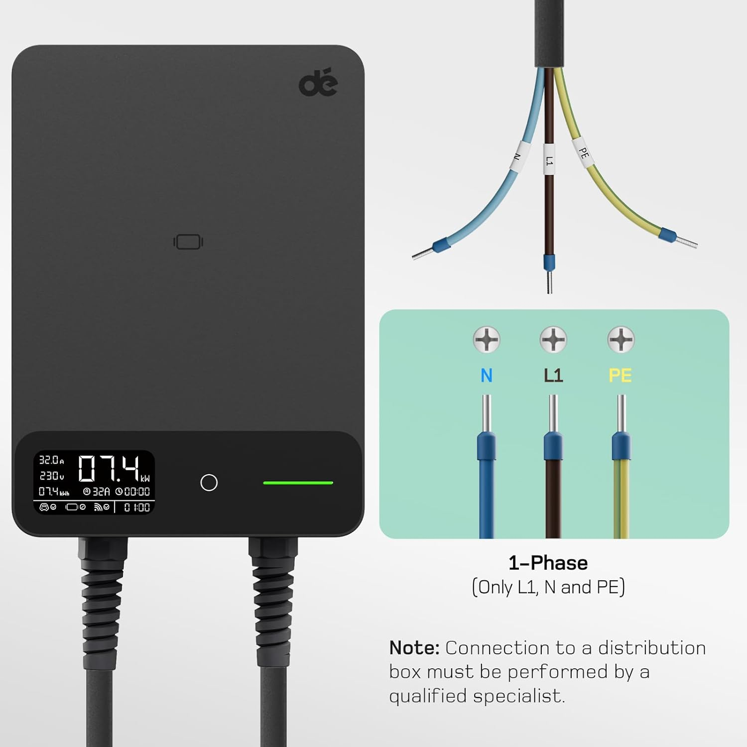 D&eacute; EV Charger Wallbox 7.4Kw APP [6-32A, 1-Phase] EV Charging Station with 5M Type 2 to Type 2 EV Charging Cable, RFID, EV Charger 32A with RCD Type-B for Model Y/3, BYD/MG and Other BEV/PHEV