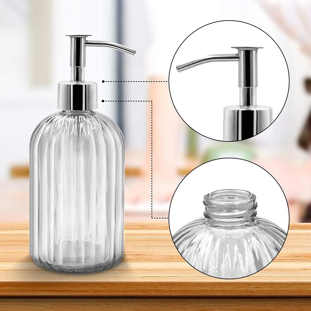 2PC Glass Jar Soap Dispenser - 14Oz Liquid Soap Dispenser, Refillable Liquid Bottle Dispenser, Premium Dispenser for Bathroom, Ideal for Kitchen Dish Soap, Soap, Shampoo Lotion Bottle (Transparent)
