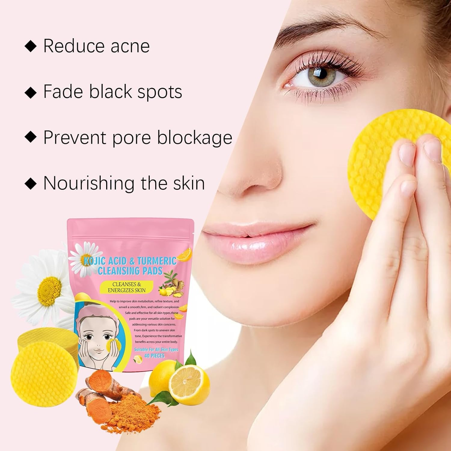 Turmeric Kojic Acid Pads, Kojic Acid and Turmeric Pads, Face Scrub Pads, Turmeric Cleansing Pads for Face, Essentials Kojic Acid Turmeric Pads for Cleansing and Exfoliating (80PCS) - 120Pcs image number 4