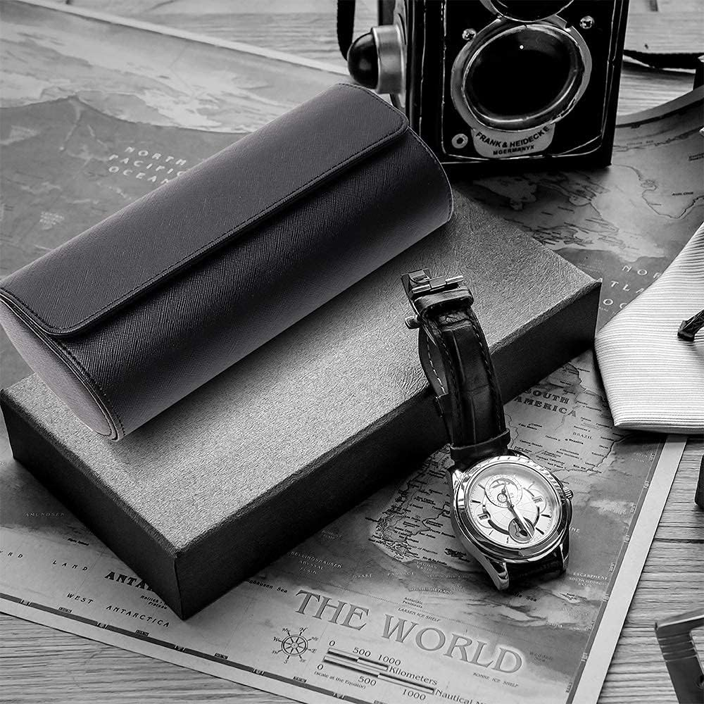ROSELLE Watch Roll Travel Case for Men and Women - 3 Watch Organizer with Innovative Removable Pillows & Solid Dividers for Home, Travel and Display (Black Cross)