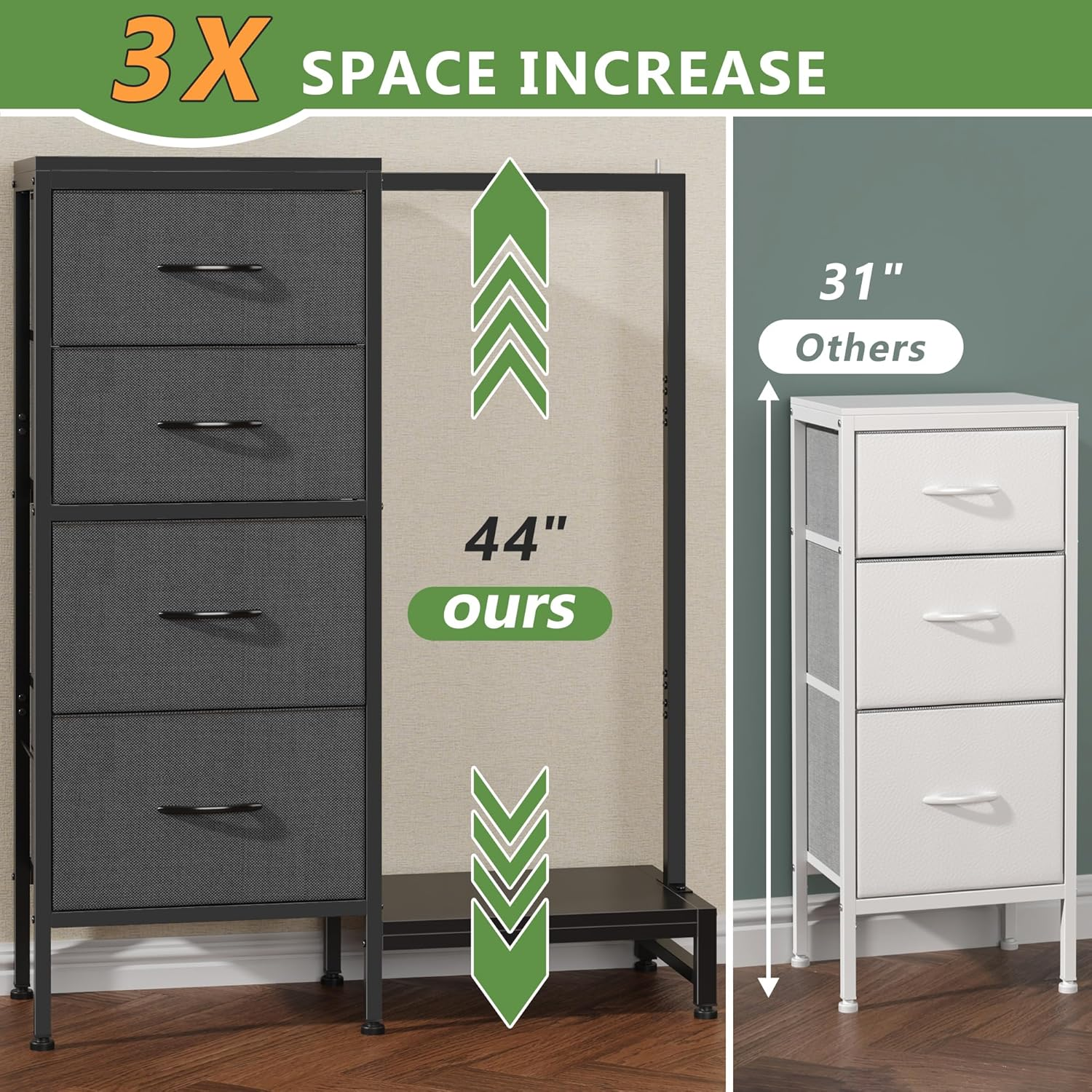 HIGDBFE Dresser with Hanging Rack, 4 Drawers Small Closet for Bedroom, Reversible Fabric Kids Dresser for Closet with Clothes Rack, Tall Chest of Drawers, Sturdy Frame, Grey, 44" H image number 5