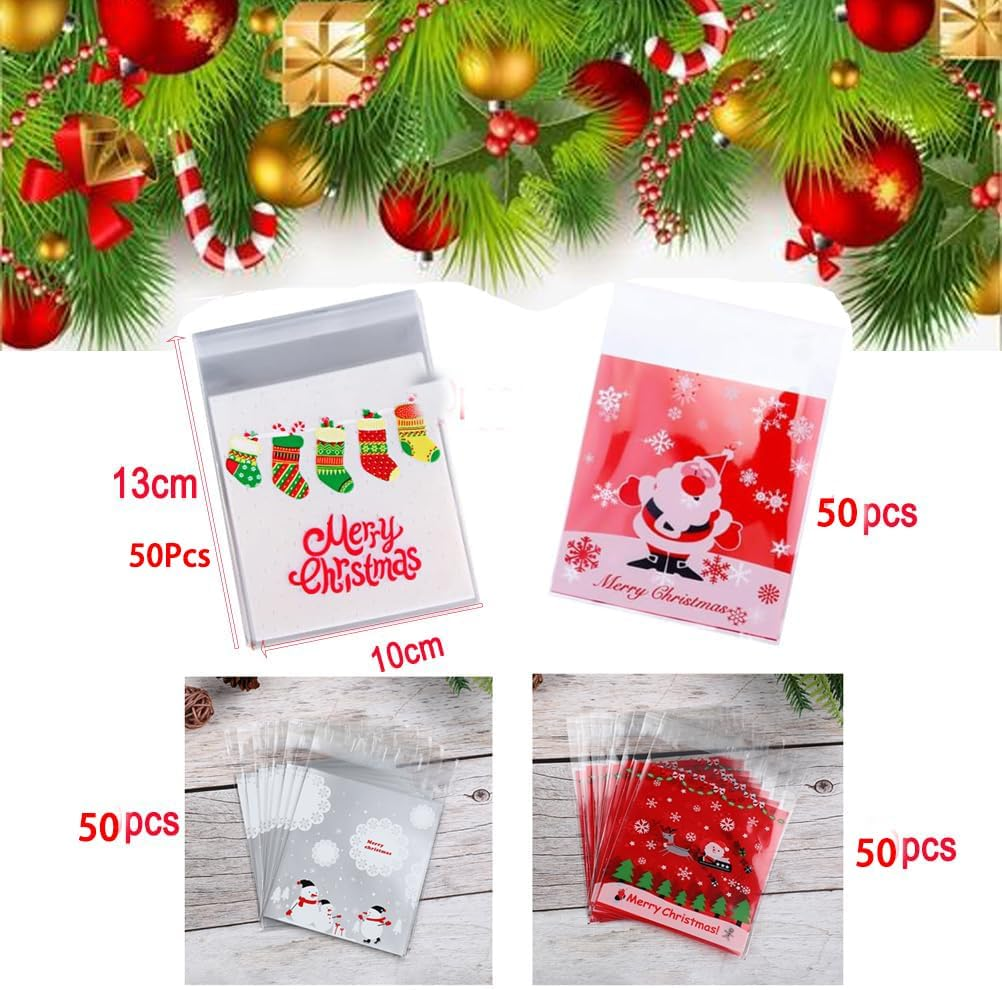 Bluejunior Christmas Cookie Treat Bags Candy Cake Biscuit Self Adhesive Cellophane Transparent Plastic Material Bags for Xmas Wedding Anniversary Holiday Party Favor Sweet Snacks Packaging image number 2