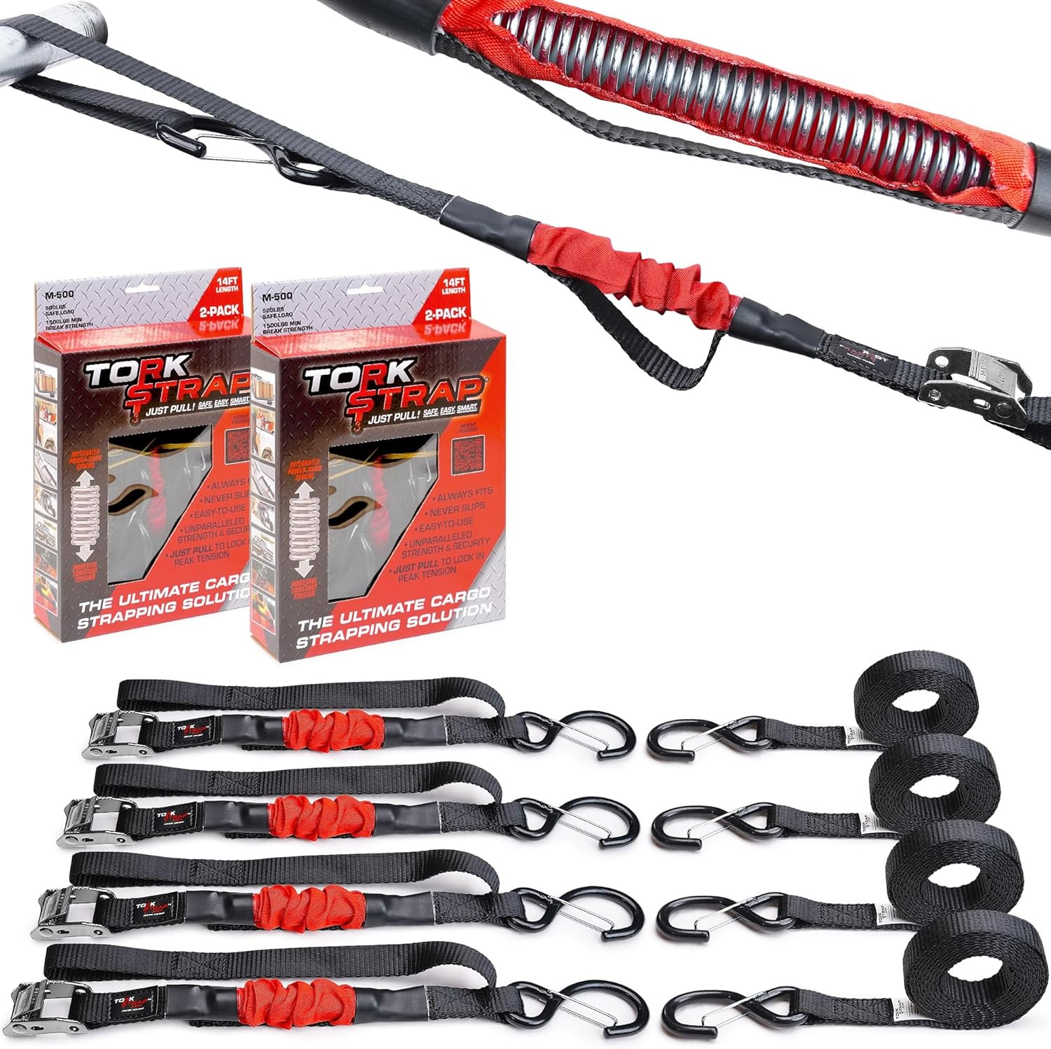 Torkstrap HD750 | 14'X1.5'' Spring Loaded Tie down Straps - Adapts to Load Shifts - Heavy Duty 2250Lbs Max Load - Just Pull Alternative to Ratchet Straps W/Hooks - Secure Motorcycles, Kayaks (2-Pack)