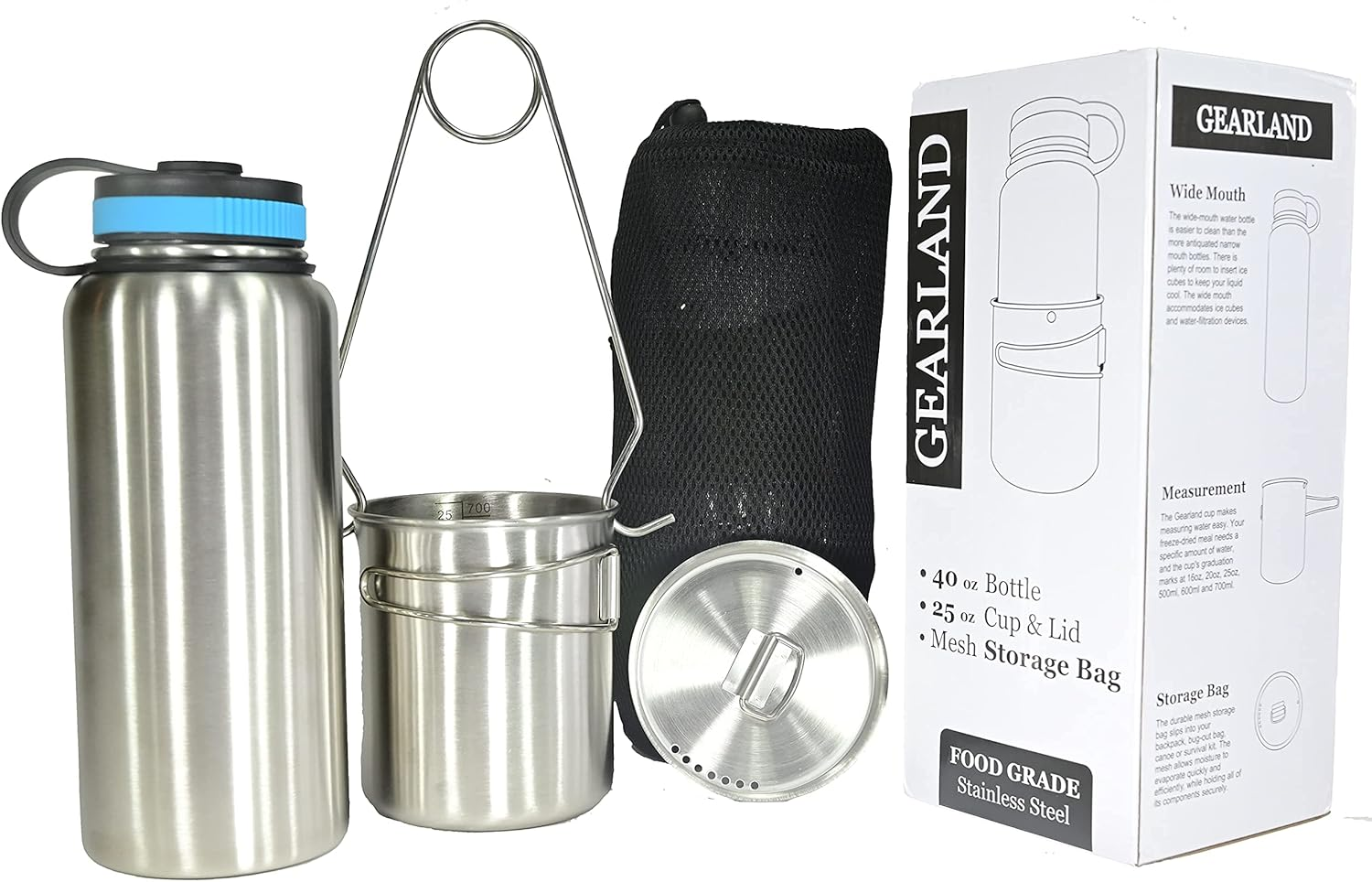 Gearland Canteen Stainless Steel Water Bottle with Nested Camping Cup and Lid for Bug Out Bag, Bushcraft Gear, Metal Canteen with a Wide Mouth Water Bottle and Mess Kit image number 6