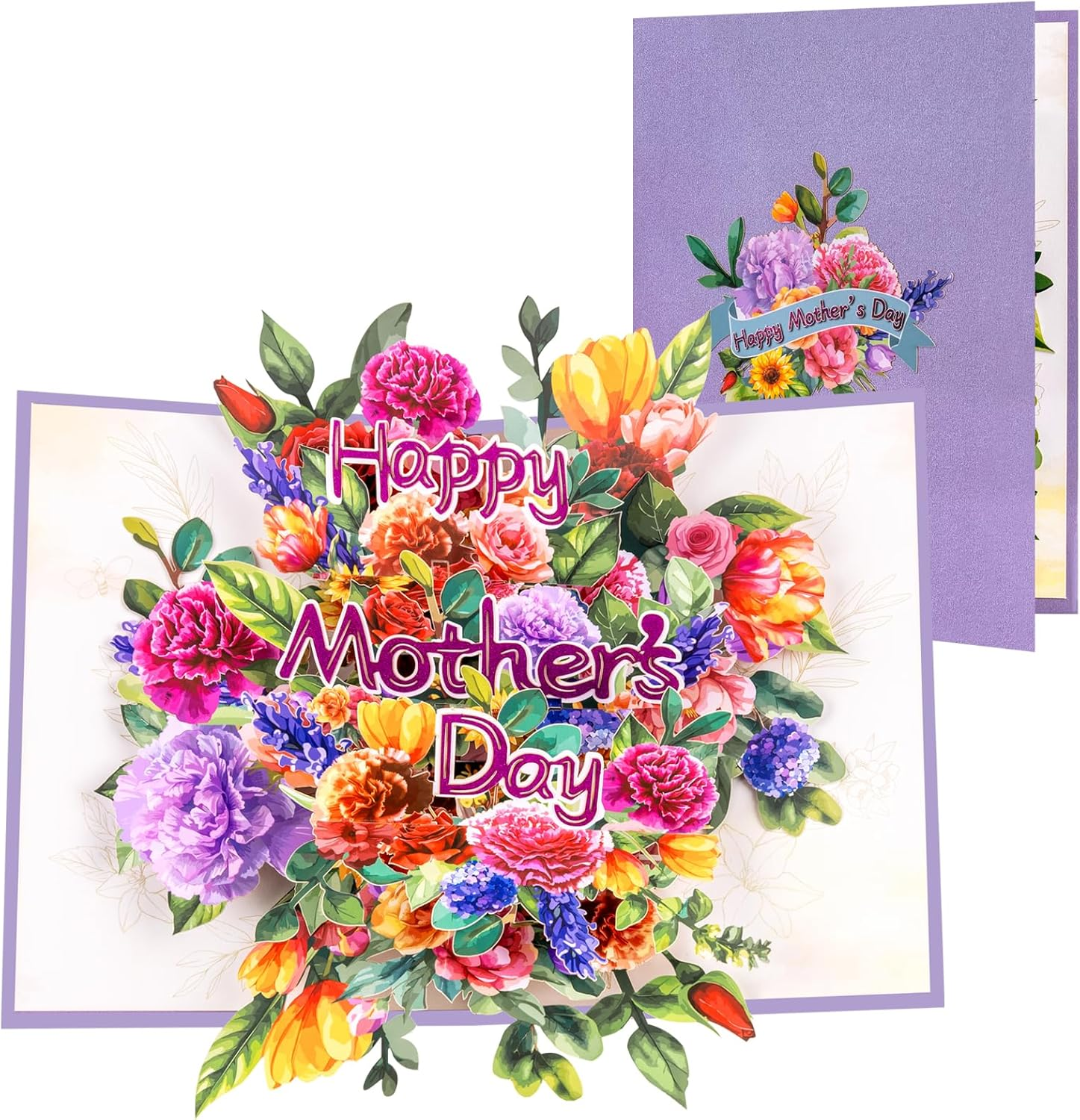 Magic Ants 3D Pop-Up Mother&rsquo;S Day Card &ndash; "Happy Mother&rsquo;S Day" with Glittery Floral Design, Yellow and Silver Script, Colorful Flowers, Lavender Sprig, Includes Envelope and Blank Notecard for Mom, Stepmother, Mother in Law, Grandma, Wife, Sister, Aunt - Flower Happy Mother'S Day