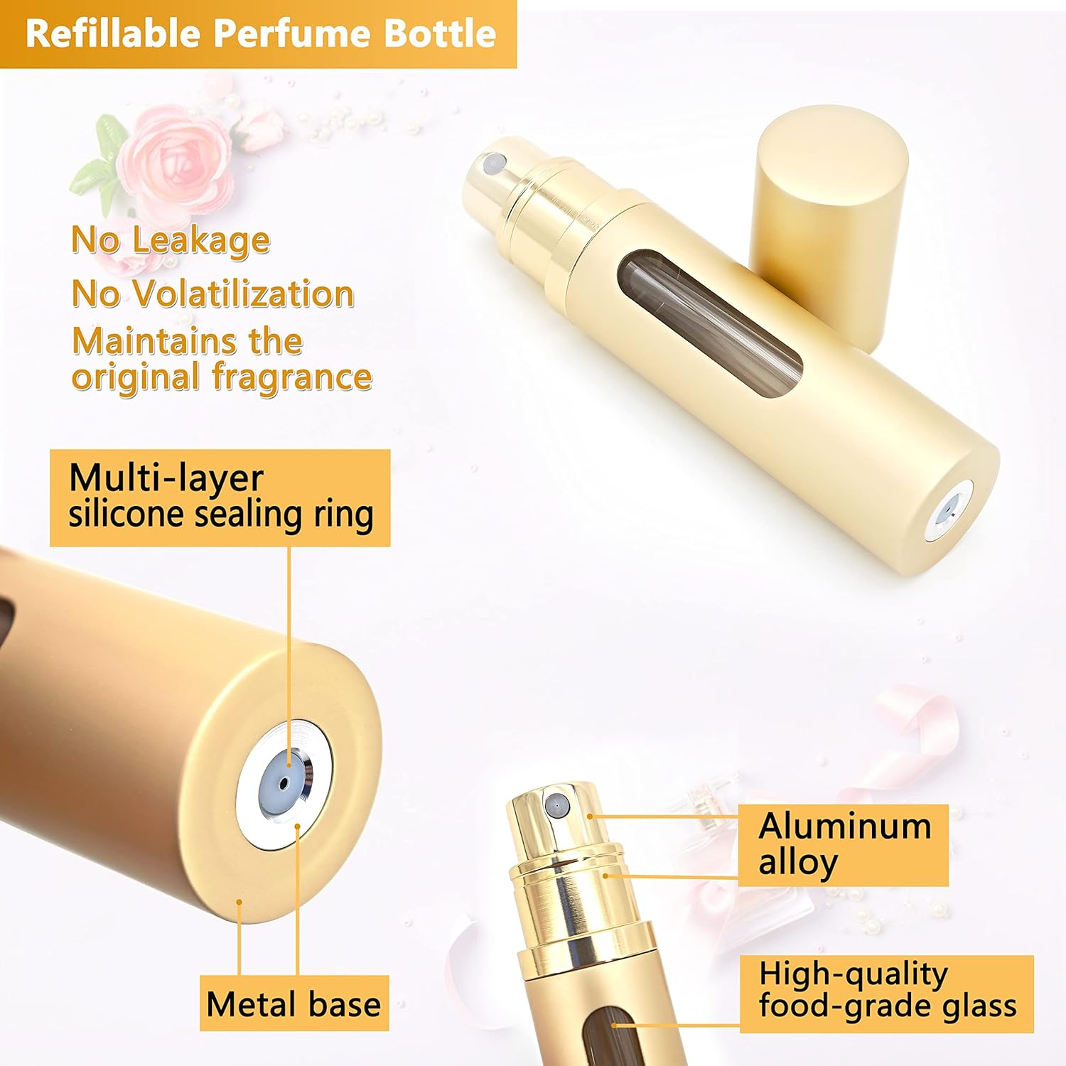Travel Perfume Bottle Refillable Atomizer - 3-Pack 5ML ANTOKX Perfume Atomiser, Pocket Perfume Dispenser, Perfume Bottles Empty, Leakproof Perfume Sprayer for Women and Men (Black & Grey & Gold) - Black  Grey  Gold image number 2