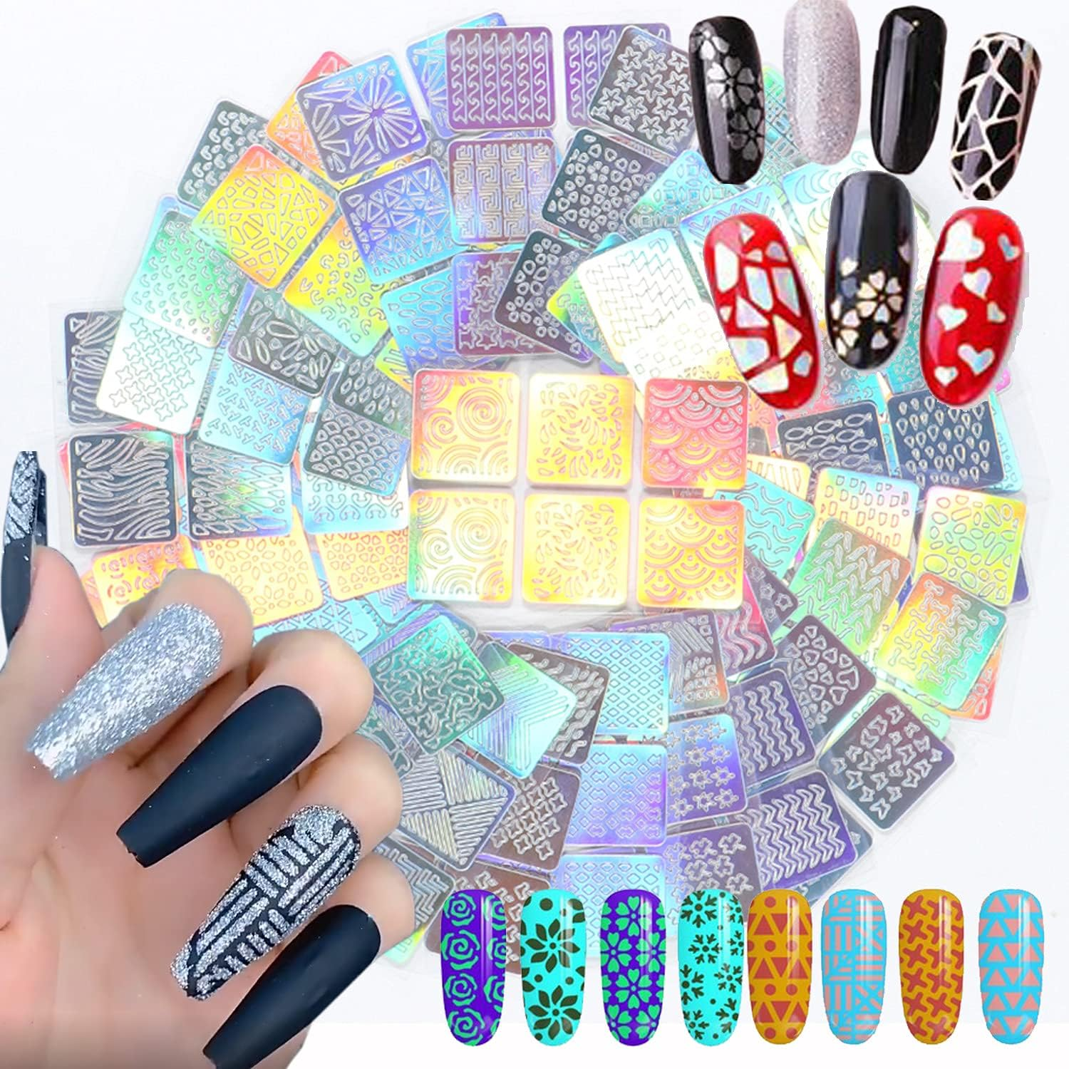 24 Sheets Laser Nail Art Stickers, Holographic Glitter Nail Art Decals Design Flowers Leaf Heart Line Nail Supplies for Women Manicure Tips Decoration Nail Painting Nail Powder Styling Decoration image number 2