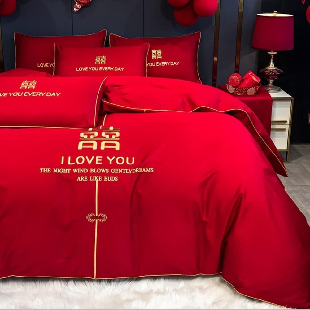 Red Duvet Cover King Full/Double Size Solid Comforter Cover Soft and Breathable Red Bedding Set with Zipper Closure with 1 Fitted Sheet and 2 Pillow Shams (Color : I, Size : 220X240-200X220Cm) image number 6