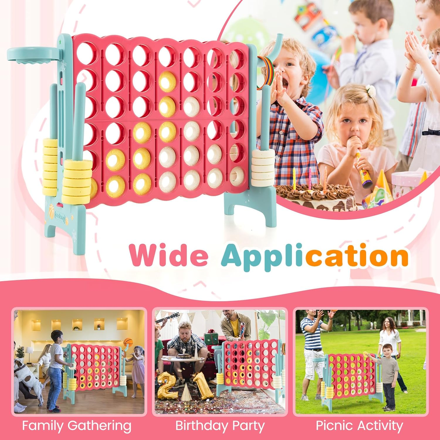 Costway Giant 4-In-A-Row Game, Oversized Jumbo 4-To-Score Game Set W/Quick-Release Lever, Upgraded Stickers for Kids & Adults, Connect Plastic Game W/42 Jumbo Rings for Indoor & Outdoor (Blue+Pink) image number 6