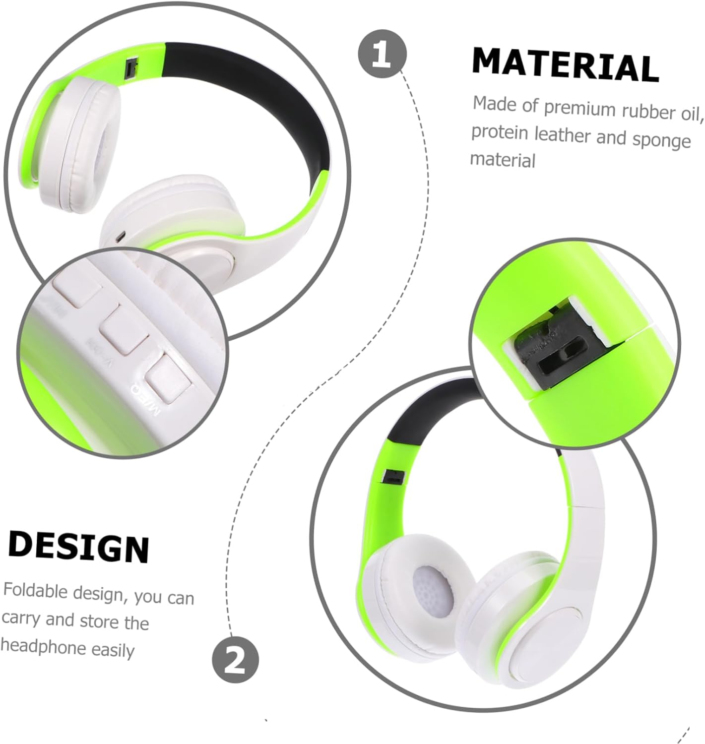 Tofficu Foldable Over-Ear Wireless Headset with Wireless Connectivity and Aux Input, Adjustable Wireless Headphones for Sports and Travel Use, Green and White Design image number 5
