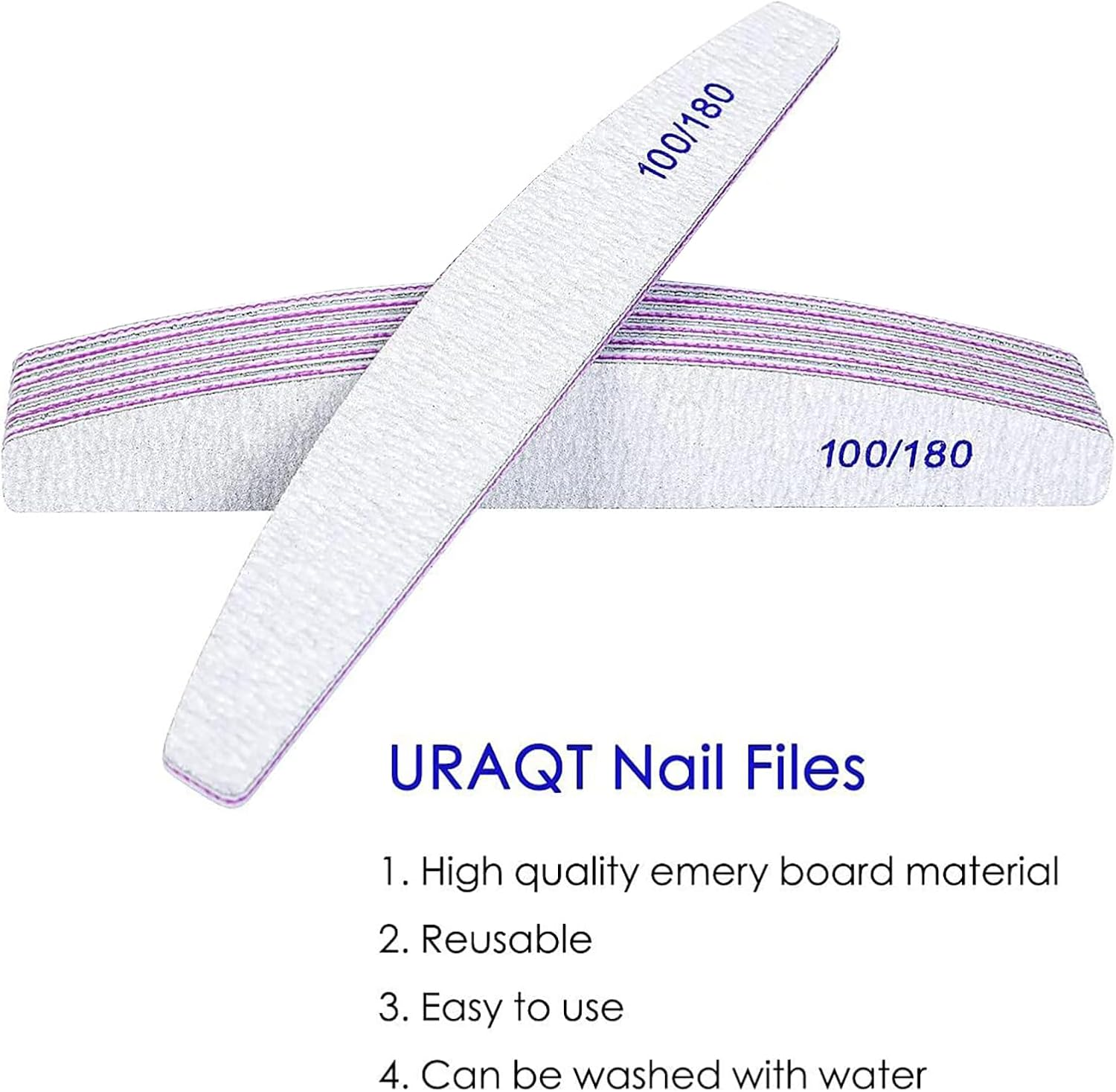 URAQT 6PCS Professional Nail Files,100/180 Grit Nail File Double Sided Emery Board,Washable Nail Buffer Files,Curved Fingernail Files for Nail Grooming and Styling,Hairdressing Salon,Pets (White) image number 2