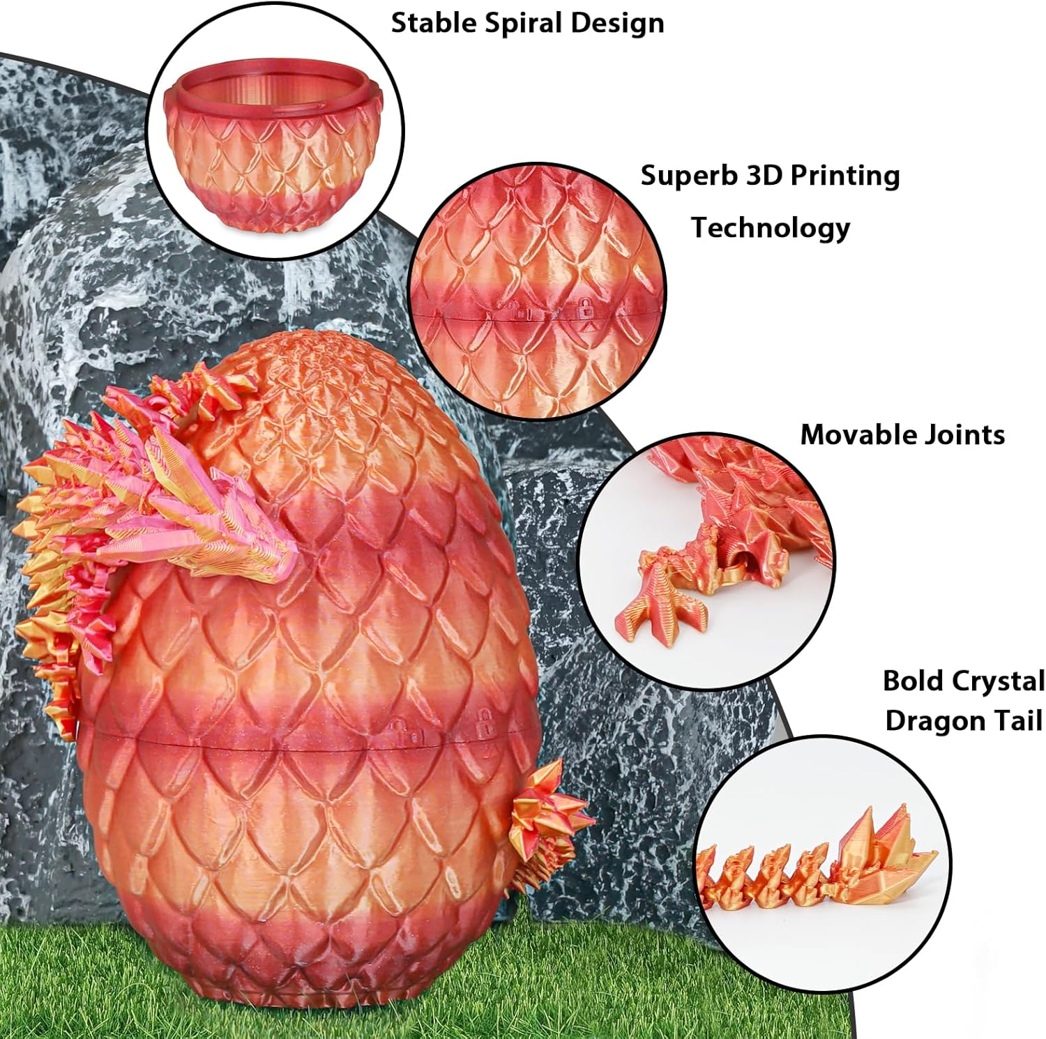 3D Printed Dragon Egg,Movable Articulated Crystal Dragon in Egg,Fidget Toy,Desk Figure Decor,Home Office Decor,3D Printed Gift Toy for Adults and Kids (Orange Red) image number 5
