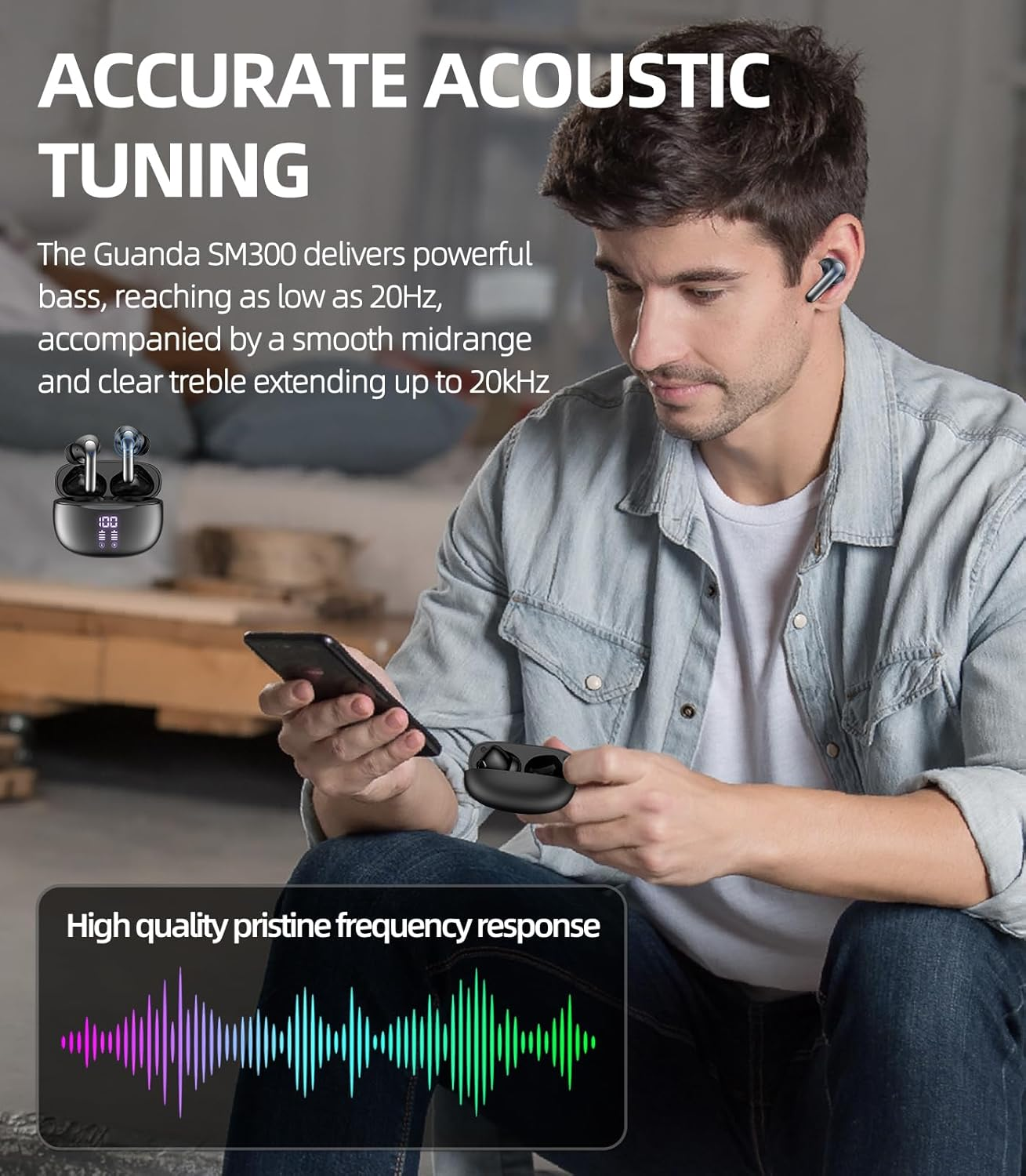 GUANDA TECHNOLOGIES CO., LTD. Wireless Bluetooth Headphones, 40H Playback Bluetooth Headphones, LED Power Screen Charging Case, IPX5 Waterproof Wireless Earphones, Dual Mic for Phone Game TV Sports image number 6