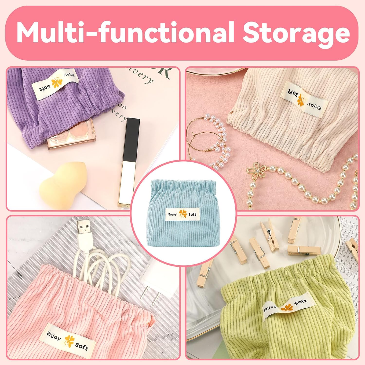 AUGSUN 6Pcs Elastic Hair Tie Organizer - Aesthetic Corduroy Lipstick Bag & Travel Makeup Pouch, 6 Colors, 5.11 X 1.96 X 4.72 IN