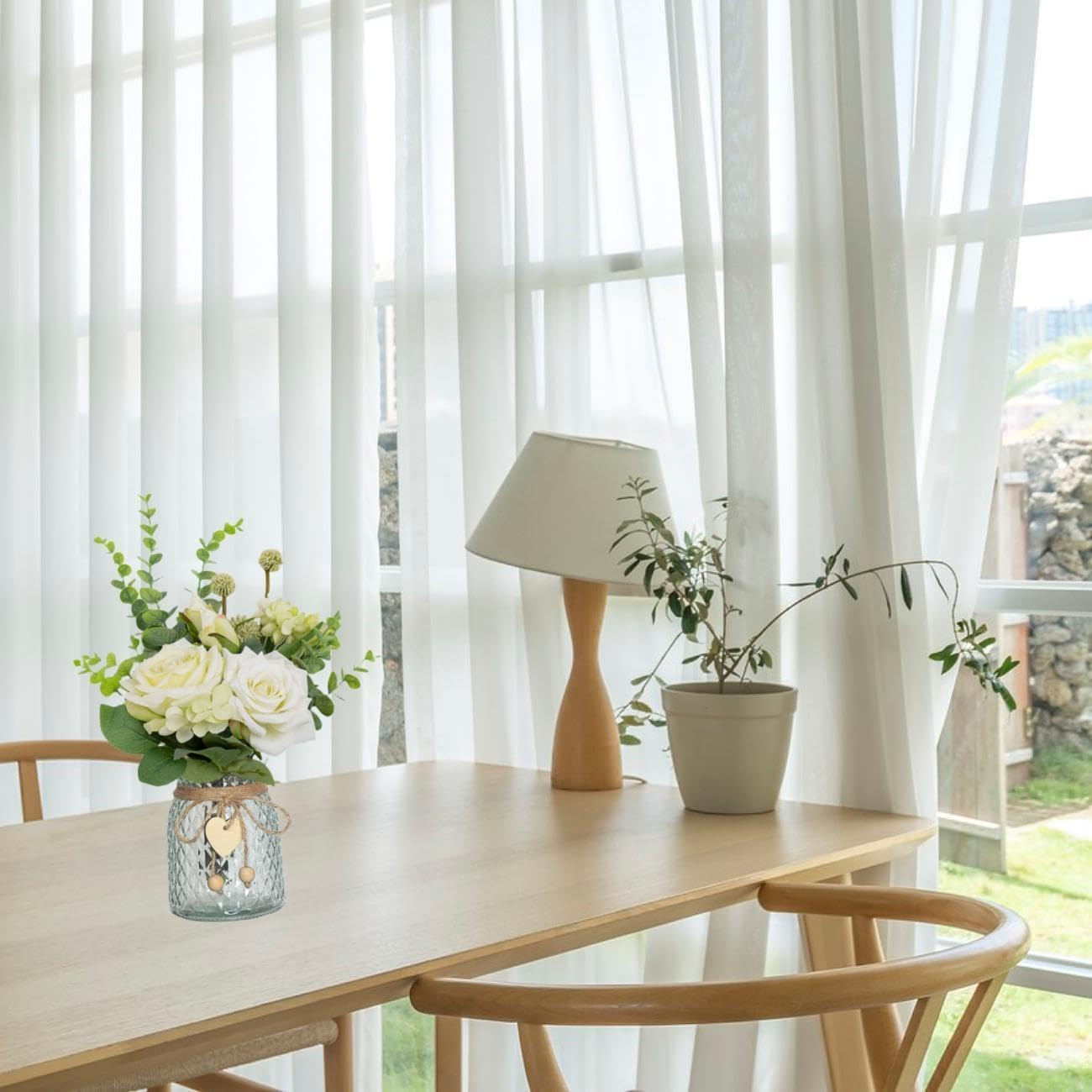 Artificial Flowers with Glass Vase Fake Flower Bouquet Faux Rose in Vases for Home Dcor Flowers Modern Home Decor Table Decorative Flower Vase for Dinner Office Bedroom, White - White image number 4