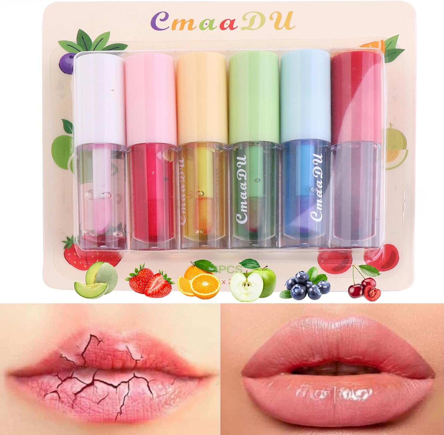 Enmart 6 Pcs Lip Oil Set, Plumping Lip Gloss, Changing Lip Oil Tinted, Fruit Makeup Lip Gloss, High Shine, Non-Sticky Finish, Moisturizing Nourishing Lipstick Anti-Wrinkle Lip Balm - C017 image number 4