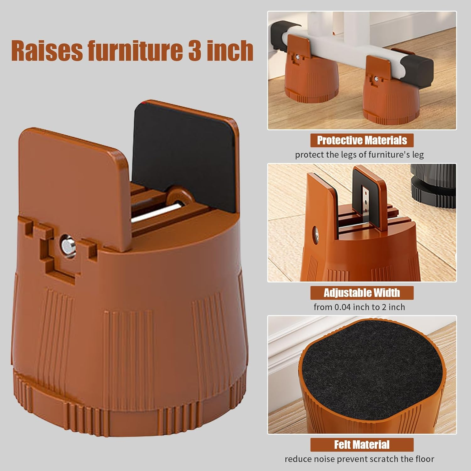 Adjustable Furniture Risers, 4PCS 6-8Cm anti Slip Stable Heavy Duty Table Leg Risers, Space Saving Good Load Bearing Bed Risers for Home (Brown) image number 3