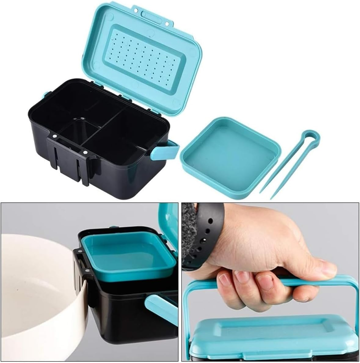 AIMALL Blue Handle Waist - Hanging Live Bait Box, Earthworm/Red Worm Storage, Belt Clip Design, Fishing Gear Accessory with Tray & Tweezers, Compact & Portable image number 3
