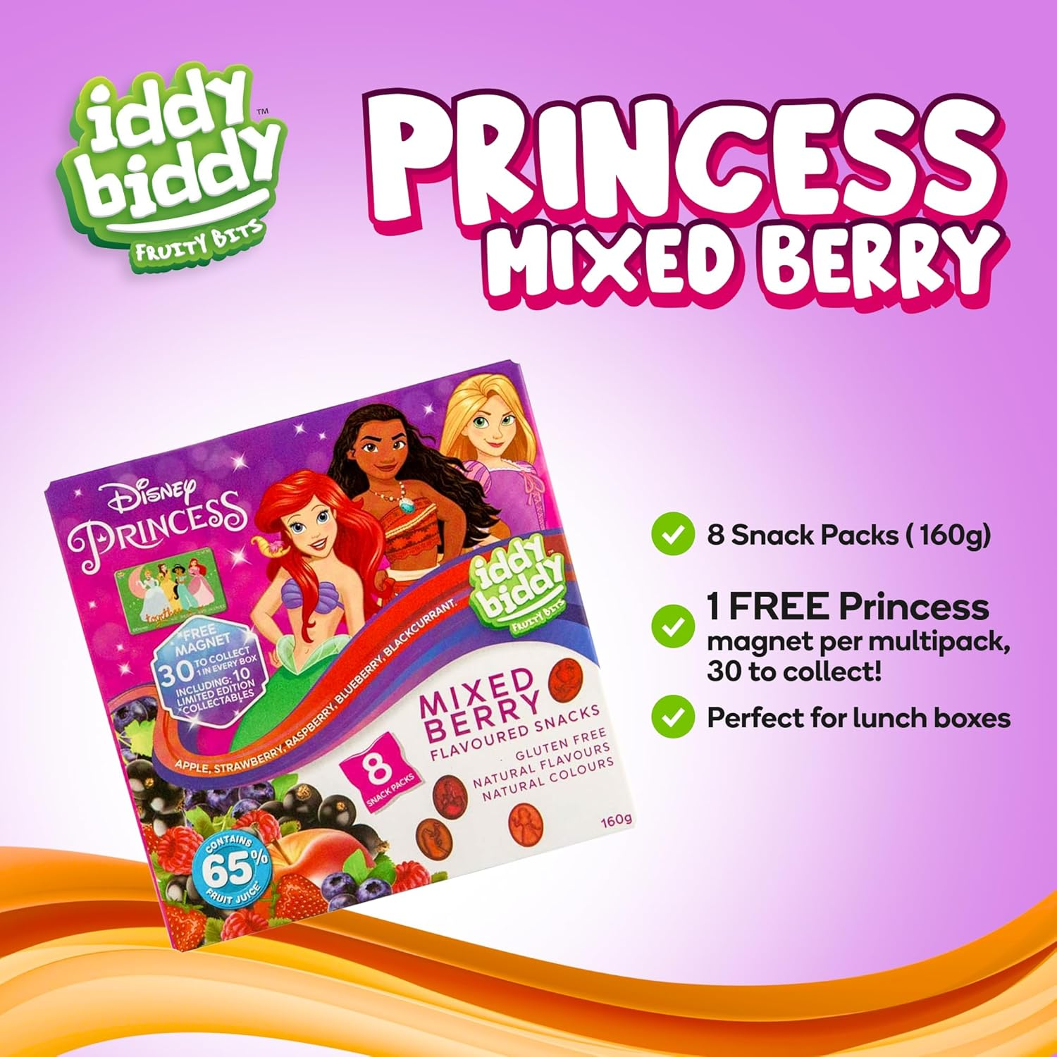 Iddy Biddy Disney Princess Fruit Snack, Mixed Berry, 8 Snack Pack, 160G - Gluten Free, Natural Colours & Flavours, 65% Fruit Juice, Kids Lunch Box Treats image number 2