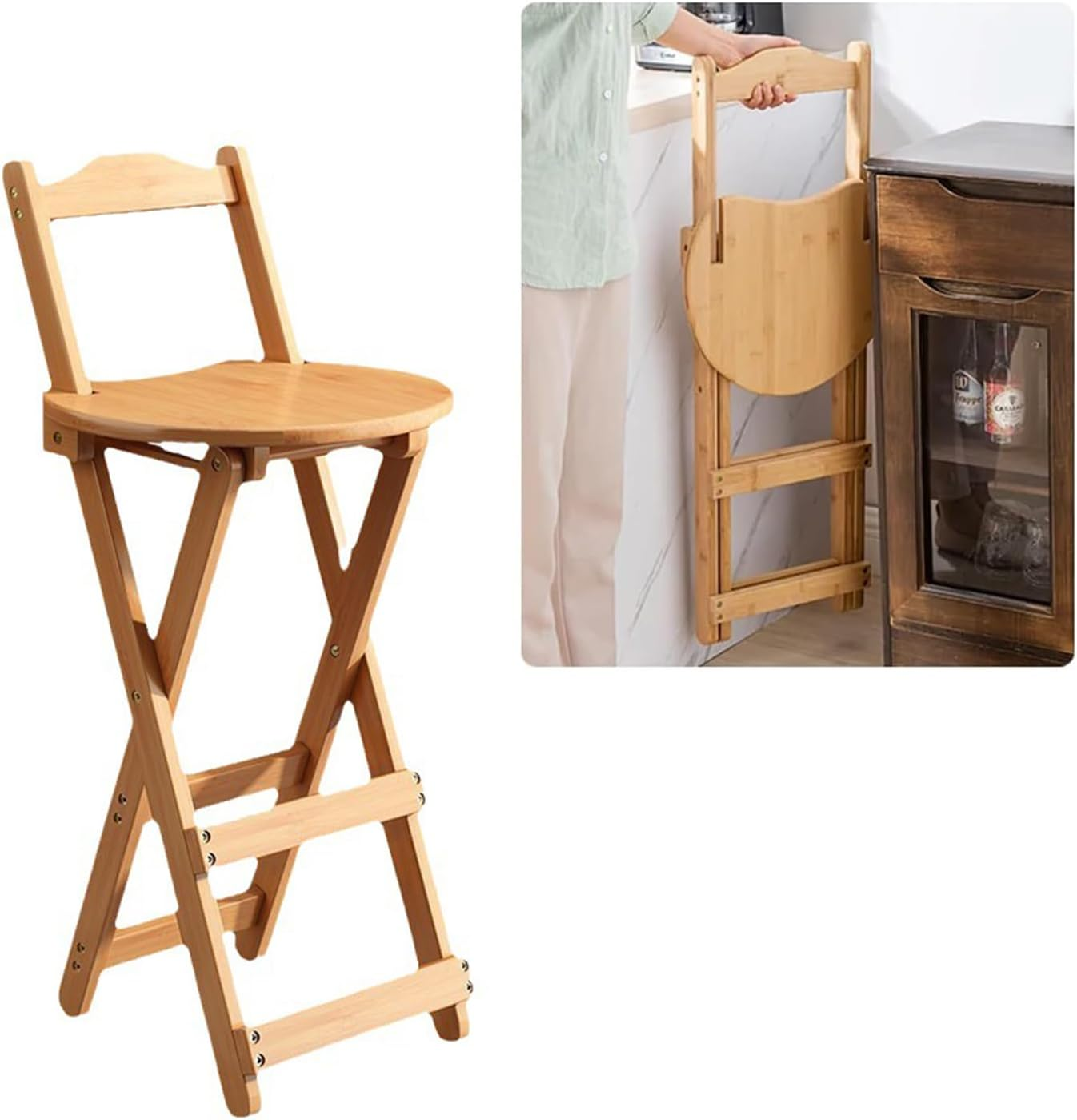 Uandhome Bamboo Folding Bar Stool,Kitchen Counter Stools with Backrest and Footrest,Portable Bar Chairs for Home Kitchen Island Breakfast,No Assembly (Wood)