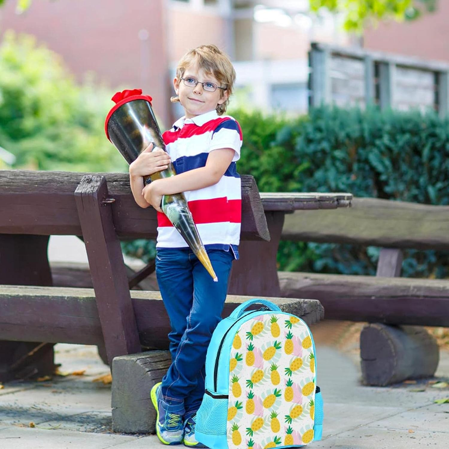 Blue Backpack Boy Bookbags Rucksack Men Travel Handbag Daypack Summer Pineapple Pink Leaves image number 1