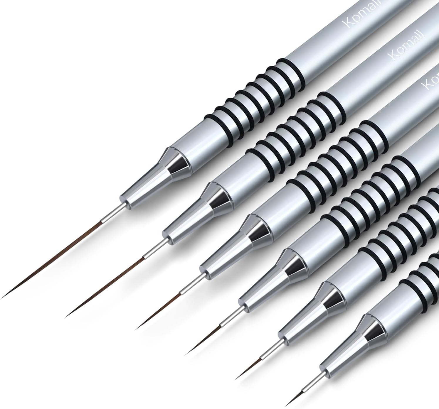 Komall Metallic Nail Art Brushes, 6Pcs Non Slip Liner Brush Set, UV Gel Polish Painting Art Design Pen for Long Lines, Thin Details, Fine Drawing Sizes 5/7/9/11/20/25Mm(Silver) image number 5