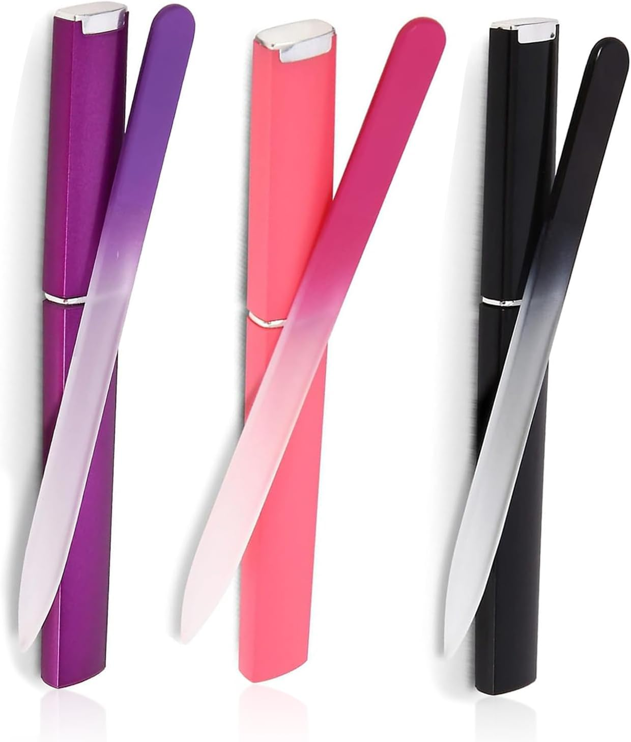 Glass Nail File 3 Pack for Natural Nails Crystal Nail Files Etched Professional Nail Filer (Black+Purple+Red)