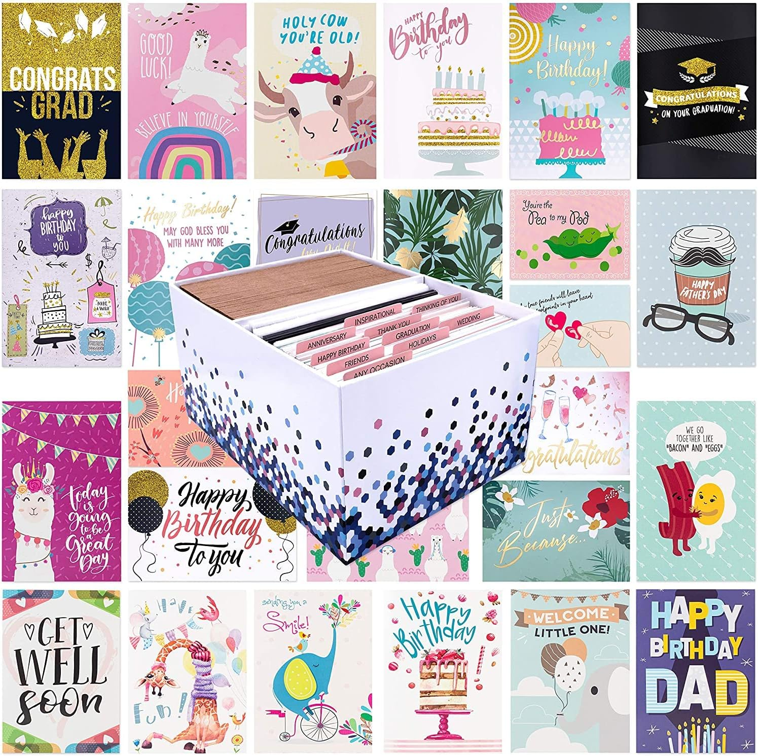 100 All Occasion Greeting Cards- 100 Eye Catching Designs with Greeting Card Organizer Box- Friendship Cards, Anniversary Cards, BFF Cards, Thanks Cards, Wedding Cards & More- 4 X 6 with 100 Envelopes image number 3