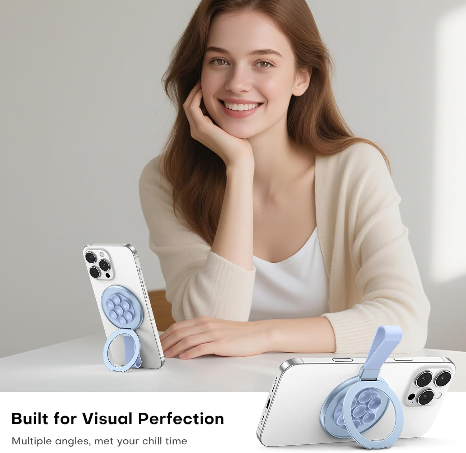 TAURI Magnetic Phone Grip Accessories Holder with Stand, Compatible with Magsafe, Double-Side Design, Silicone Back Suction Cup for Glass and Smooth Surface, Hands-Free for Selfies and Videos - Sky - Sky image number 6