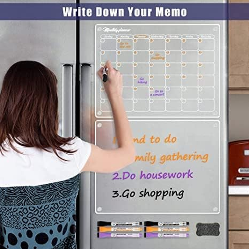 2Pcs 2025 Acrylic Magnetic Dry Erase Board Calendar for Fridge, 16&rdquo;X12" Clear Acrylic Dry Erase Board for Refrigerator, Reusable Magnetic Monthly Planner and Whiteboard image number 2