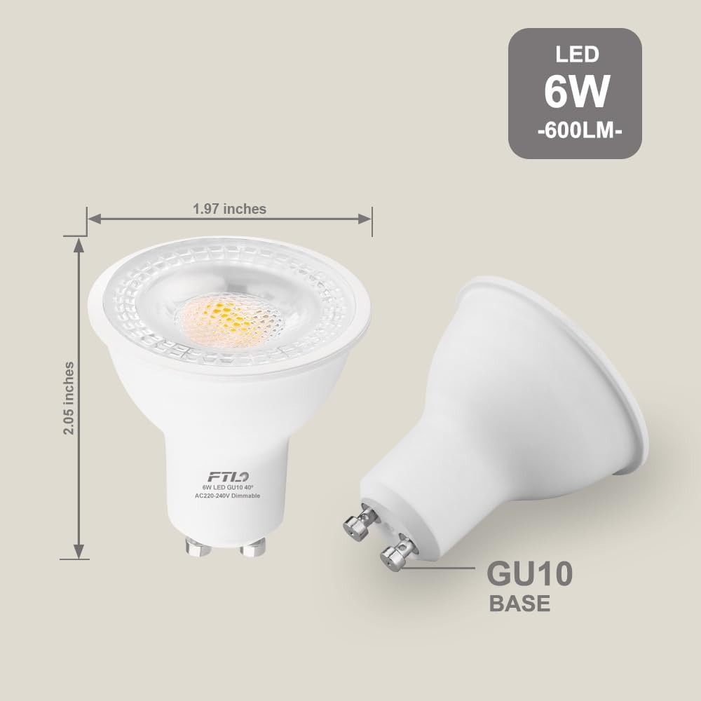 FTL GU10 LED Bulbs 3000K Warm White Dimmable, 60W Halogen Replacement 6W 600LM, 40 Degree Spot Track Light Bulbs, Recessed Ceiling Light Bulb, 6-Pack
