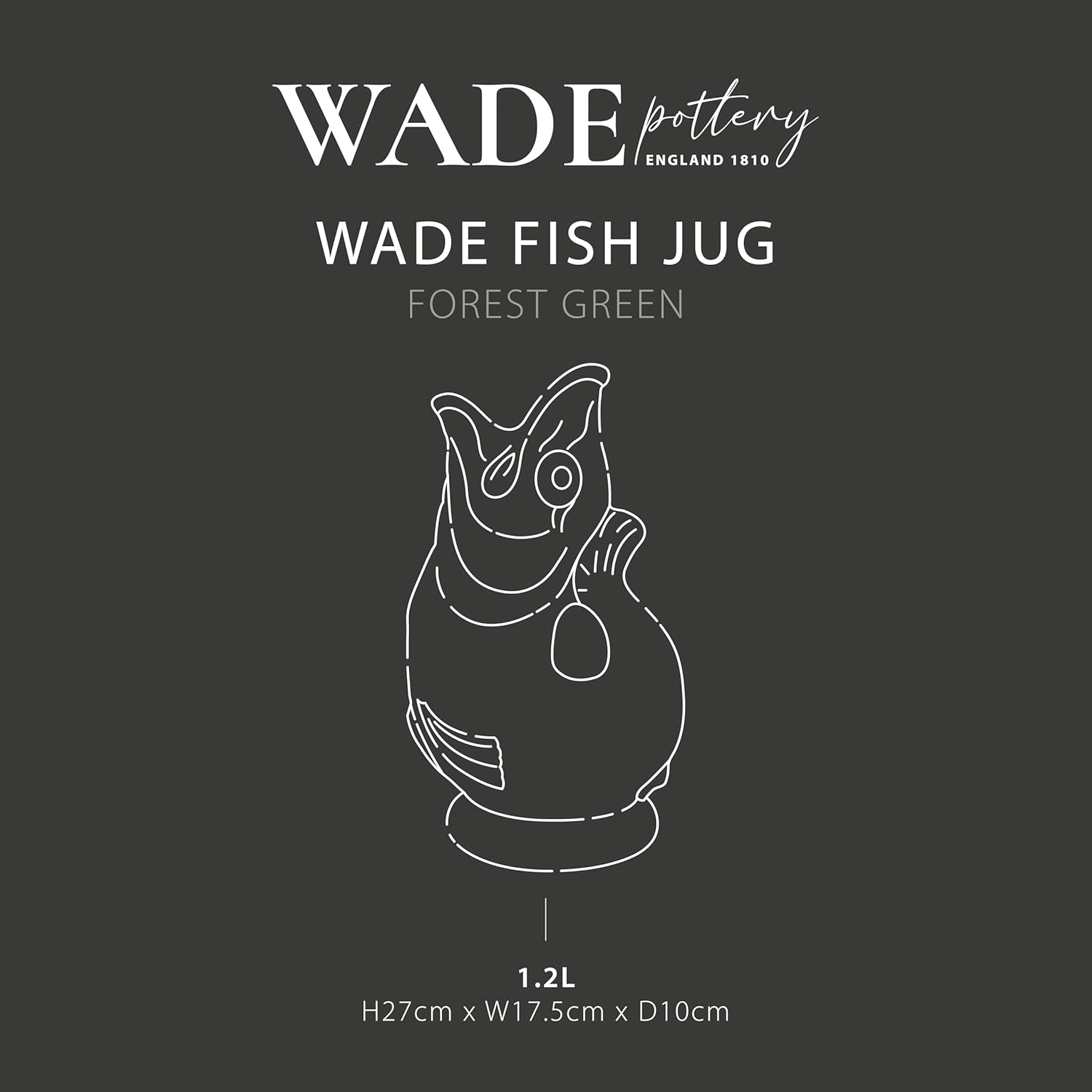 Wade WA967803GRN Fish Jug, Earthenware, Iconic UK Heritage, Made in Stoke-On-Trent, 1.2L, Forest Green