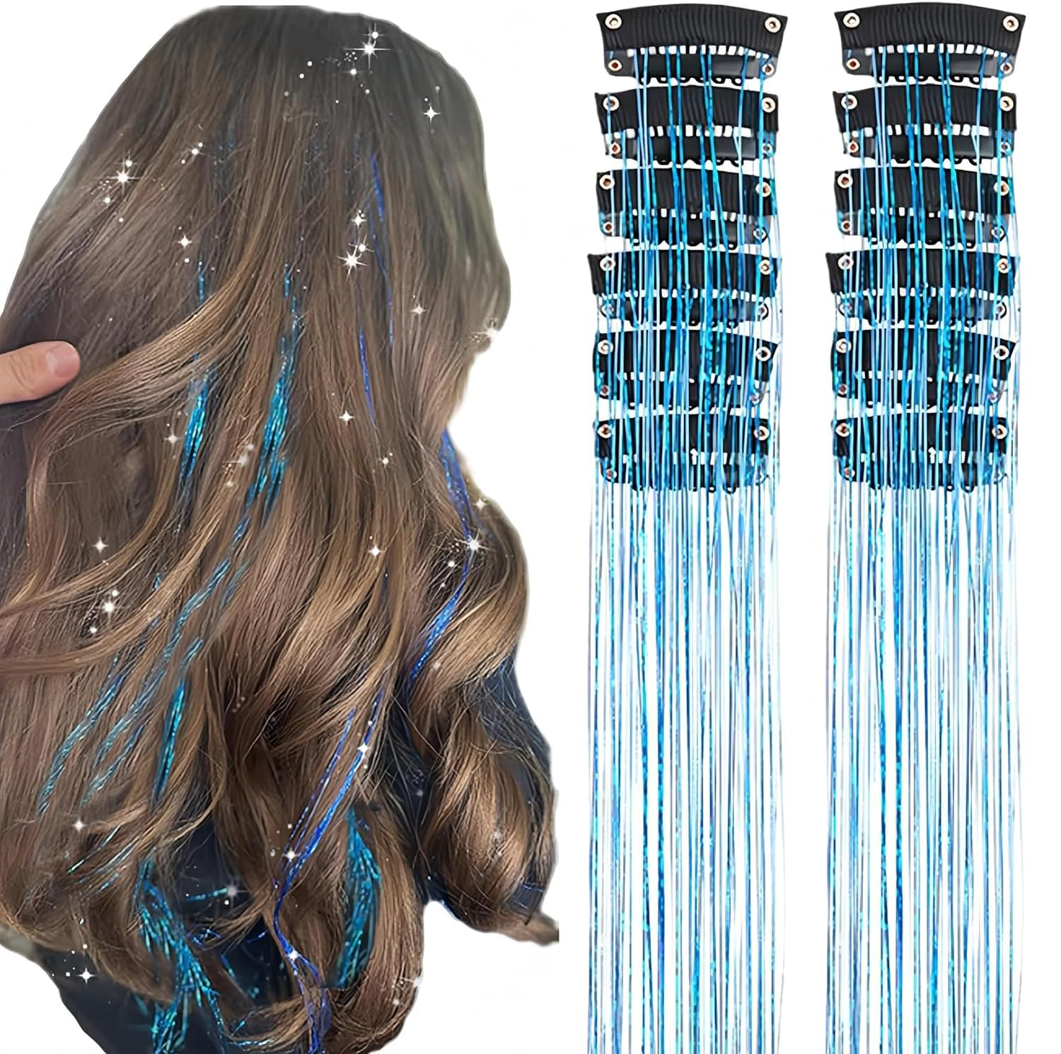 Hair Tinsel Clip in Gold Fairy Hair Tinsel Kit, 12 Pcs 20 Inch Glitter Clip in Hair Extensions for Girls Women Kids Christmas New Year Festival Party (Colorful)