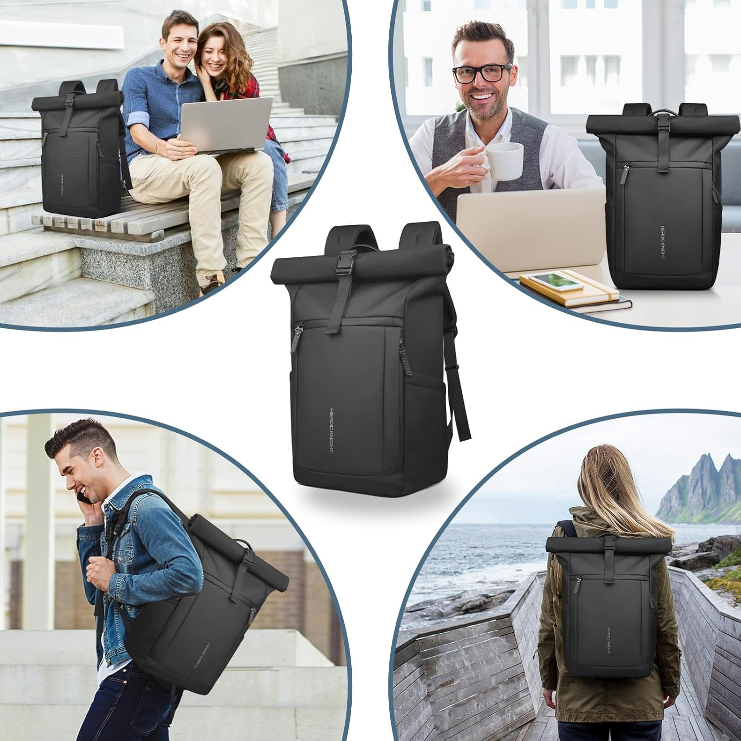 HEROIC KNIGHT Rolltop Laptop Backpack, Water-Resistant Bussiness Travel Backpack for Men Women, Expandable 20-27L Casual Daypack for 15.6 Inch Computer, Work Bag for Commute/College/Hiking,Black image number 6