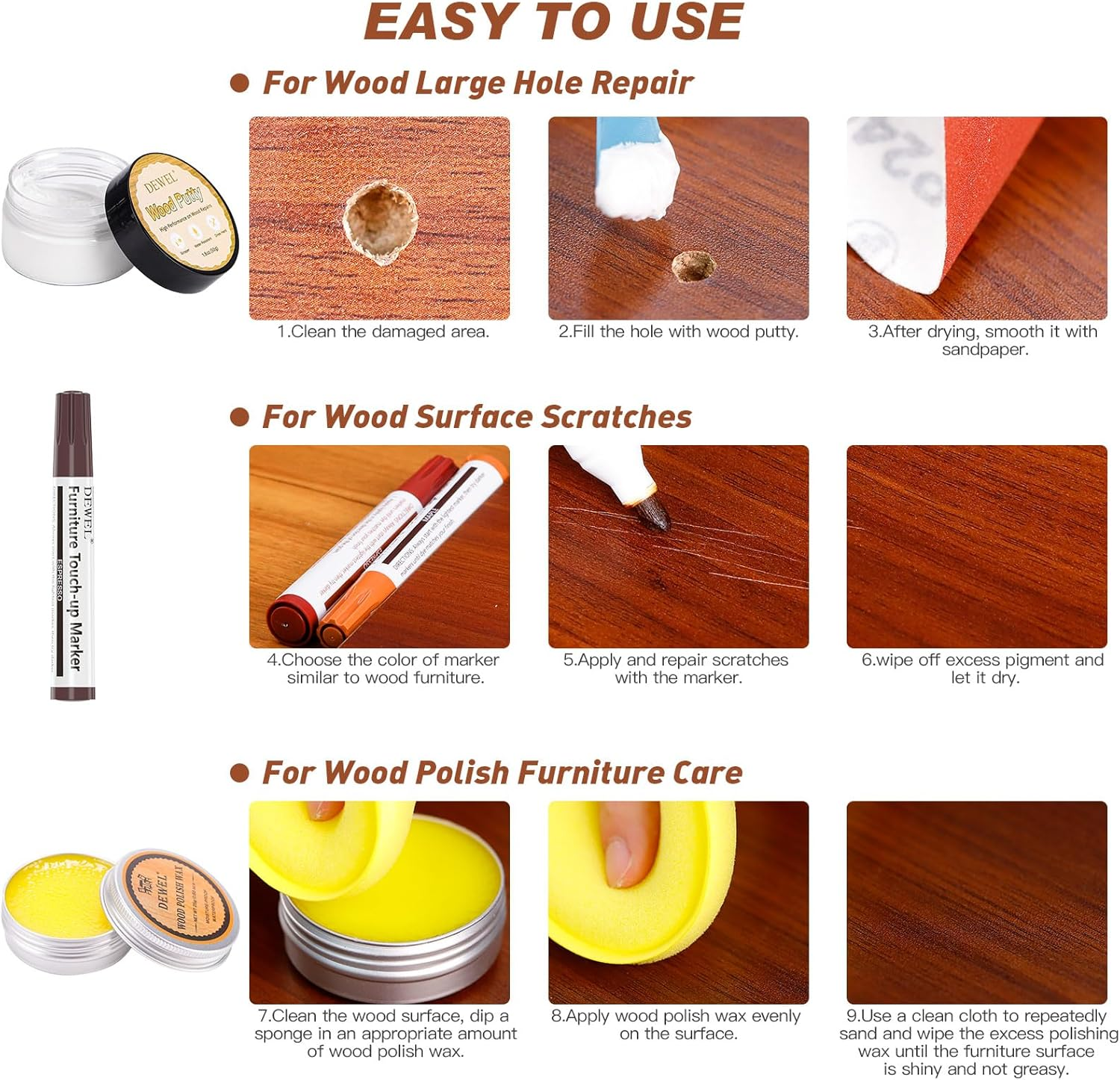 DEWEL Furniture Markers Touch up Kit, 12 Colors Wood Markers Furniture Repair, Wood Polish Wax and Wood Putty Filler, Wood Stain Pen for Scratches, Stains, Wooden Floor, Table, Cabinet, Bedpost image number 4