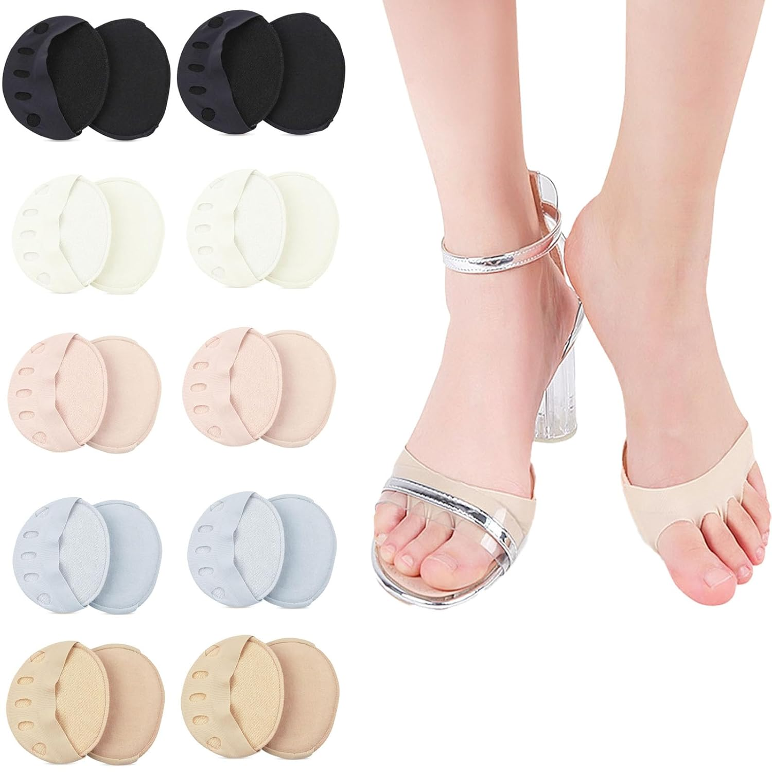 Ball of Foot Cushions for Women and Men, 5 Pairs Metatarsal Pads for Women, Reusable Invisible Socks Forefoot Pads, Ball of Foot Metatarsal Pain Relief Pad for Working, Running, Dancing (Multicolor-5, One Size)
