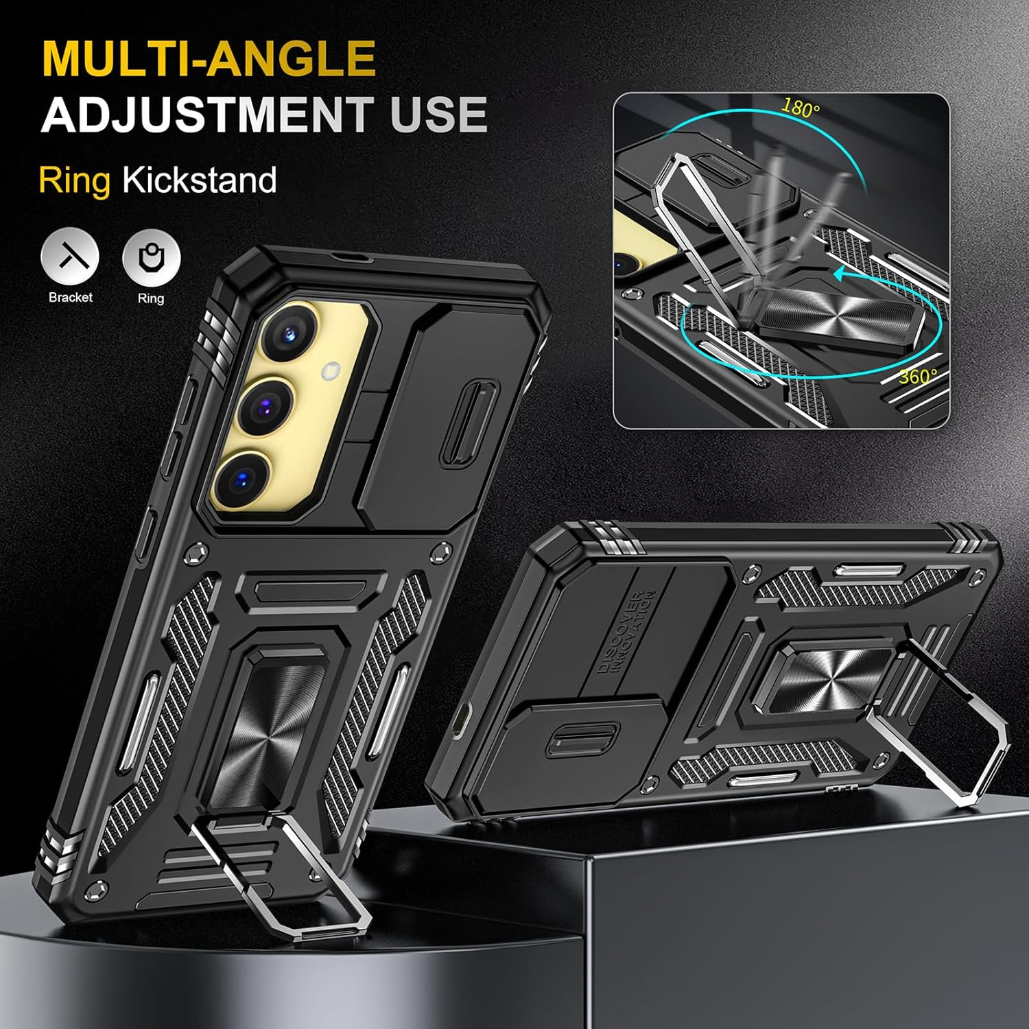 Lumobrilla for Samsung Galaxy S25 FE Case with Sliding Camera Cover,360&deg; Rotate Ring Stand Heavy Duty Protective Shockproof Cover Phone Case for Samsung S25 FE 5G,Black image number 3