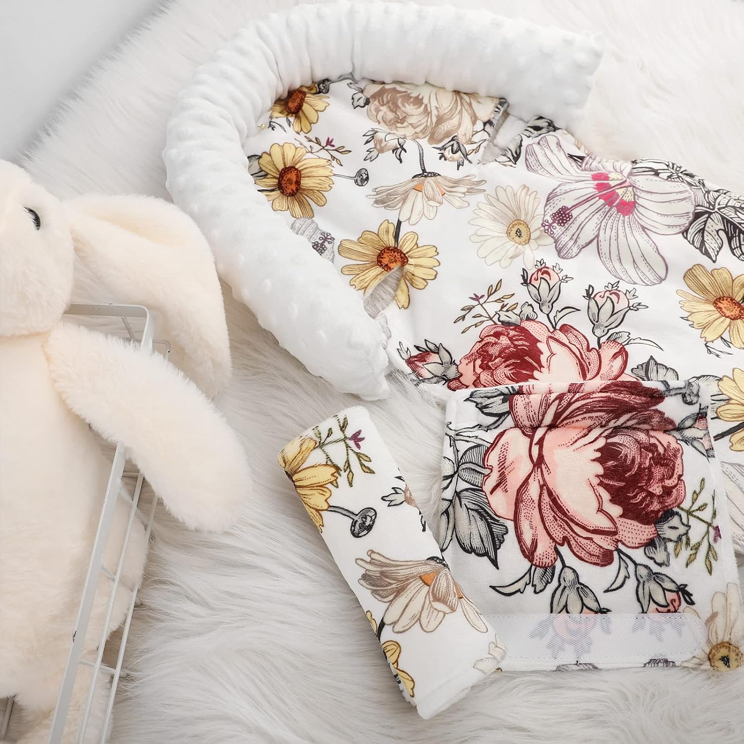 2-In-1 Baby Head Support and Strap Cover for Car Seat, Super Soft Minky Floral Carseat Insert Cushion Headrest for Bouncers, Strollers, Swing image number 5