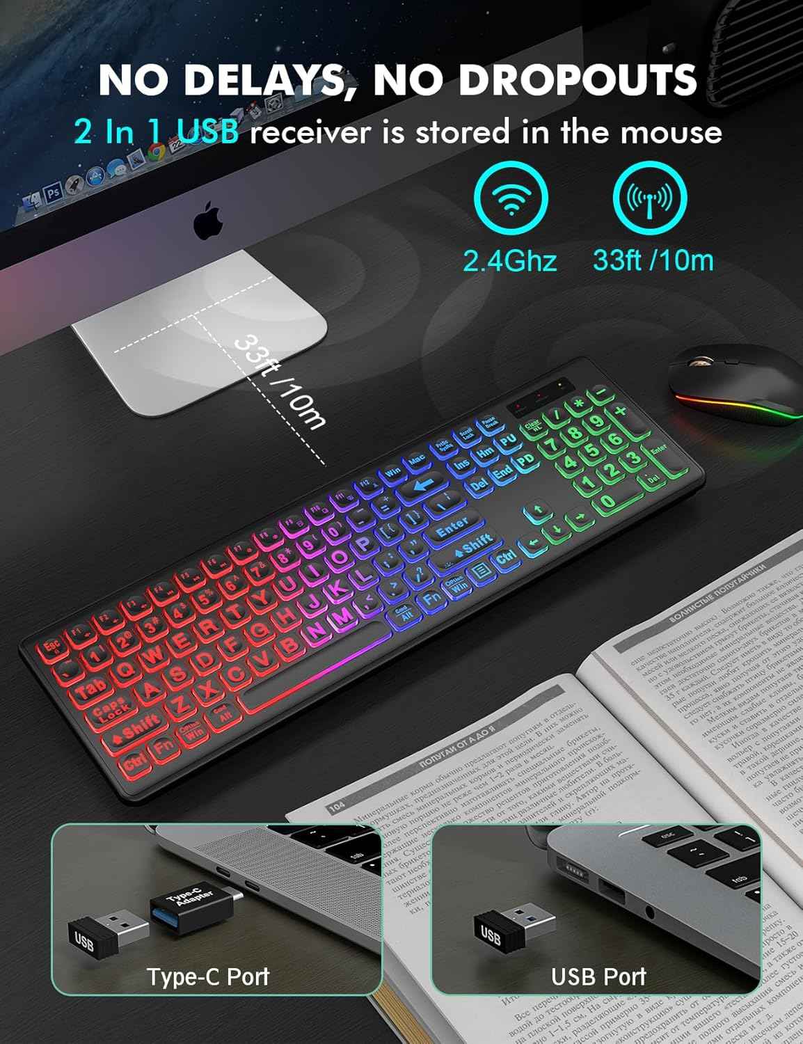 Wireless Keyboard and Mouse Combo - Large Print, RGB Backlit, Oversize Light up Letters, Rechargeable, Ergonomic Tilt Leg, Sleep Mode, 2.4Ghz Quiet Keyboard Mouse for Mac, Windows, Laptop, PC, Trueque - Mint Green image number 4
