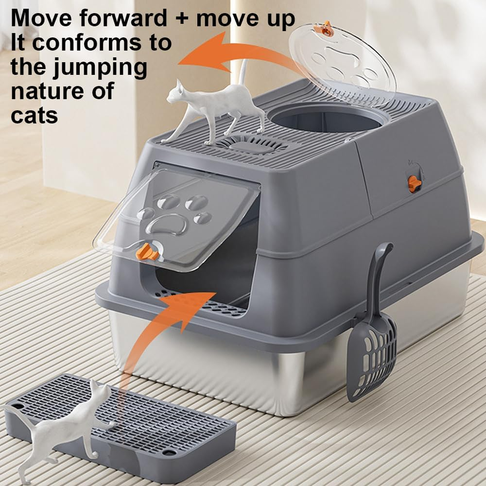HPAMR Stainless Steel Cat Litter Box with Lid, Large Litter Box, Stainless Steel Cat Litter Box with High Side, Include Cat Mat and Scoop, Enclosed Removable Metal Litter Boxs image number 6