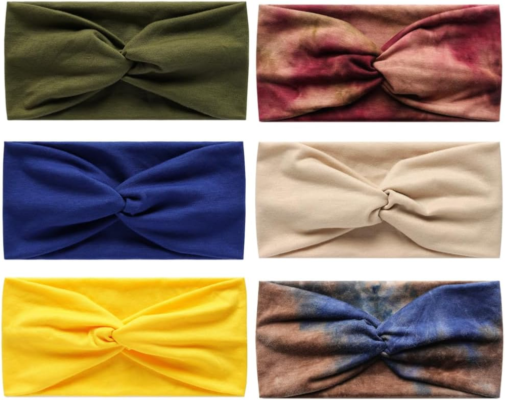 Pack of 6 Bandana Headbands for Women Wide Wavy Headscarf Boho Headscarves Wraps Turban Fabric Elastic Headband Yoga Hair Bands Sports Running Headscarves (Yellow13De) - Yellow13De image number 1