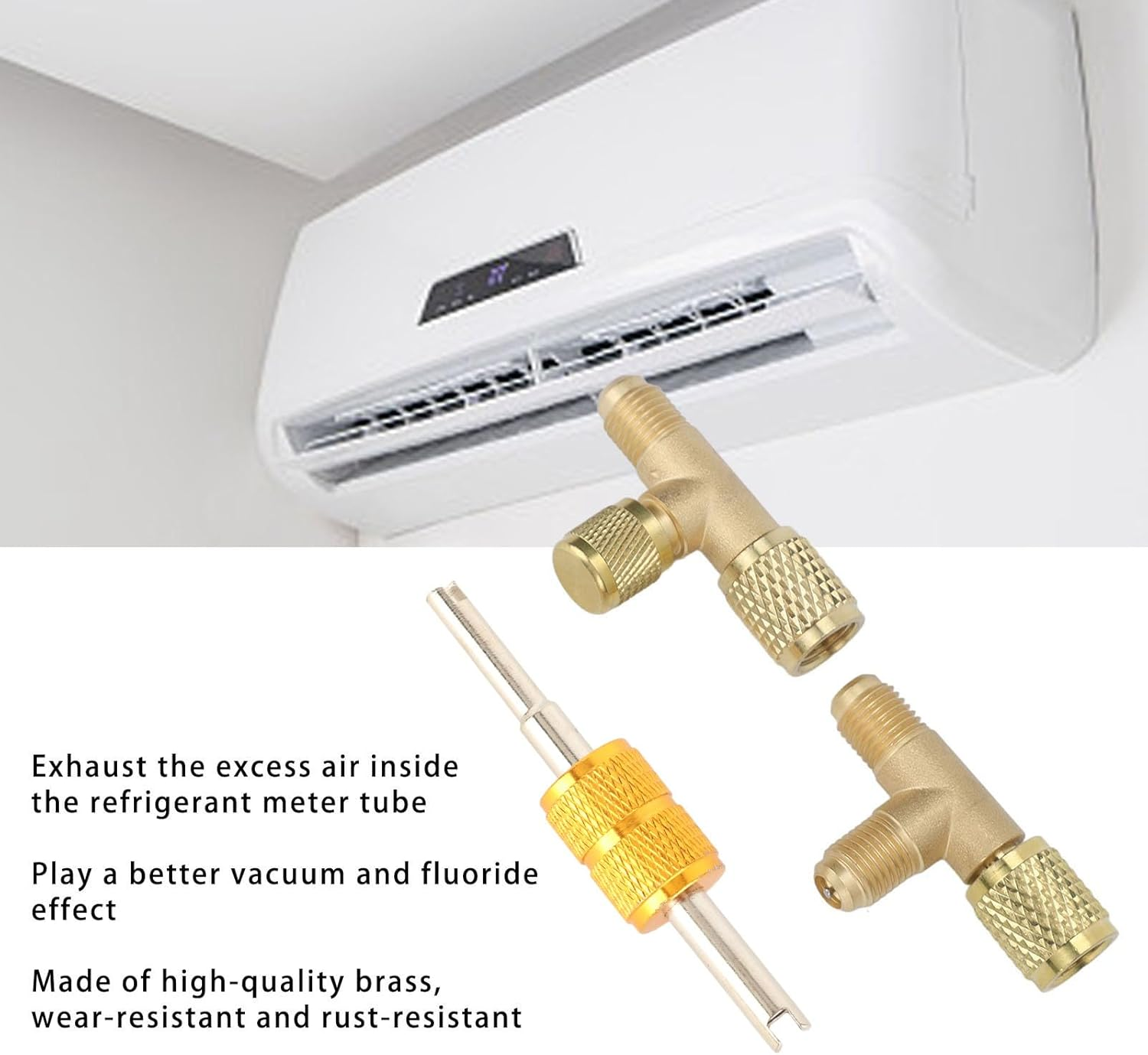 1/4In Valves Core Brass Tee Adapter, Quick Coupler Access Tee Fittings for Vacuum Gauge R22 R12 R134 Refrigerant, 1/4In SAE Adapter, Air Conditioning Line Repair Tool image number 5