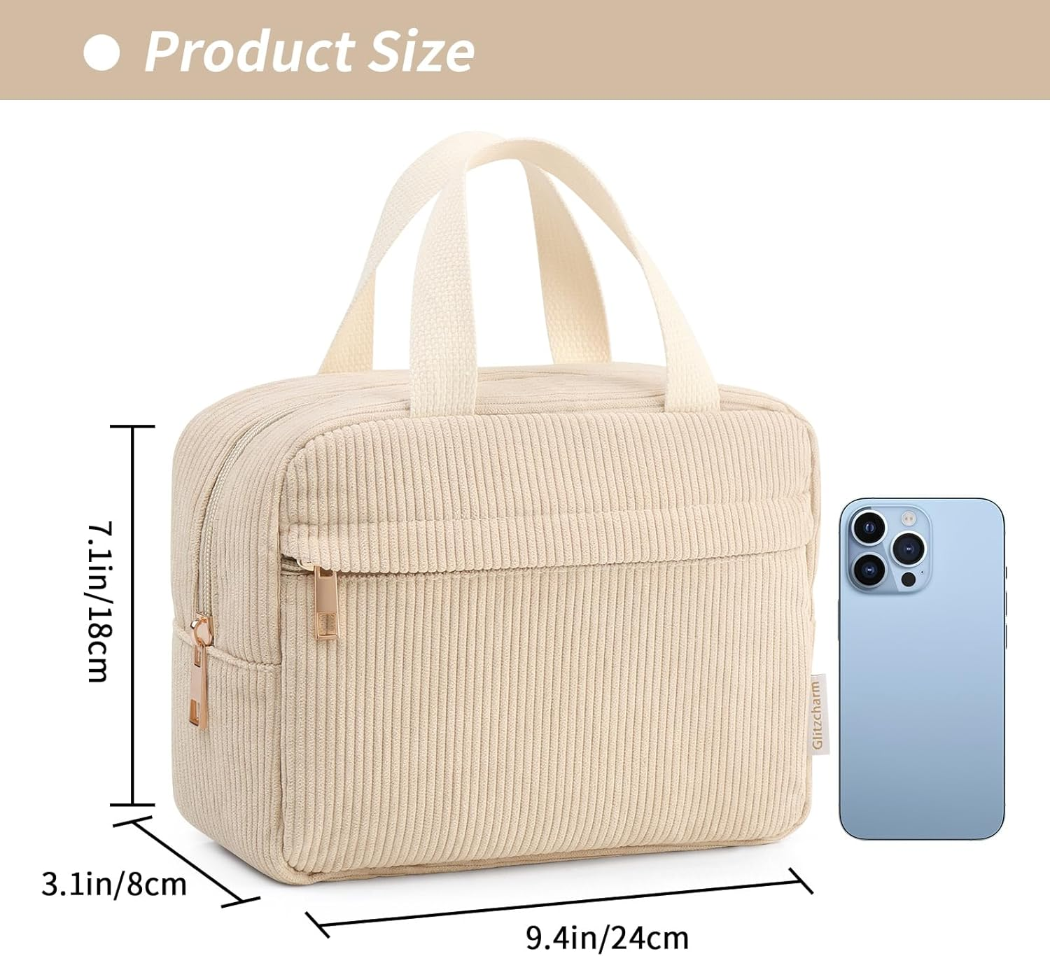 Large Capacity Travel Cosmetic Bag, Makeup Bag Corduroy Portable Large Cosmetics Bag with Handle Travel Cosmetic Bags for Women Girls(Beige) image number 5