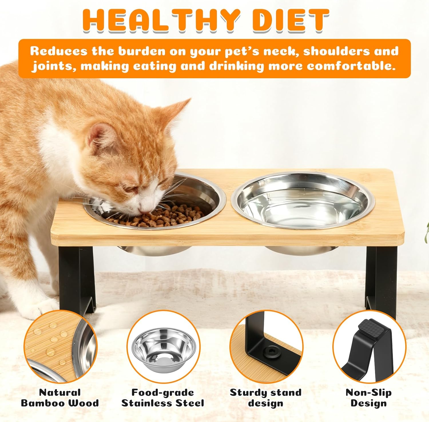 Elevated Cat Bowls, Raised Pet Stand with 2 Stainless Steel Bowls and Nonslip Mats, 15&deg;Tilted Stand anti Vomiting Raised Cat Dishes for Food and Water for Cats and Puppy (Style 2) image number 2