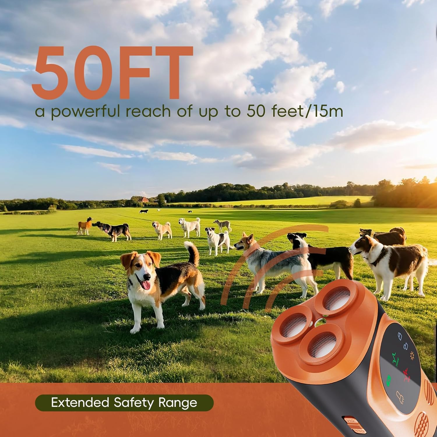 Dog Bark Deterrent &ndash; Ultrasonic Dog Training Device with LED Light, 3-Head 50Ft Range Anti-Bark Control, Rechargeable Handheld Dog Repellent with Dual Frequency, Pet-Friendly & Portable (Orange) - Black image number 7