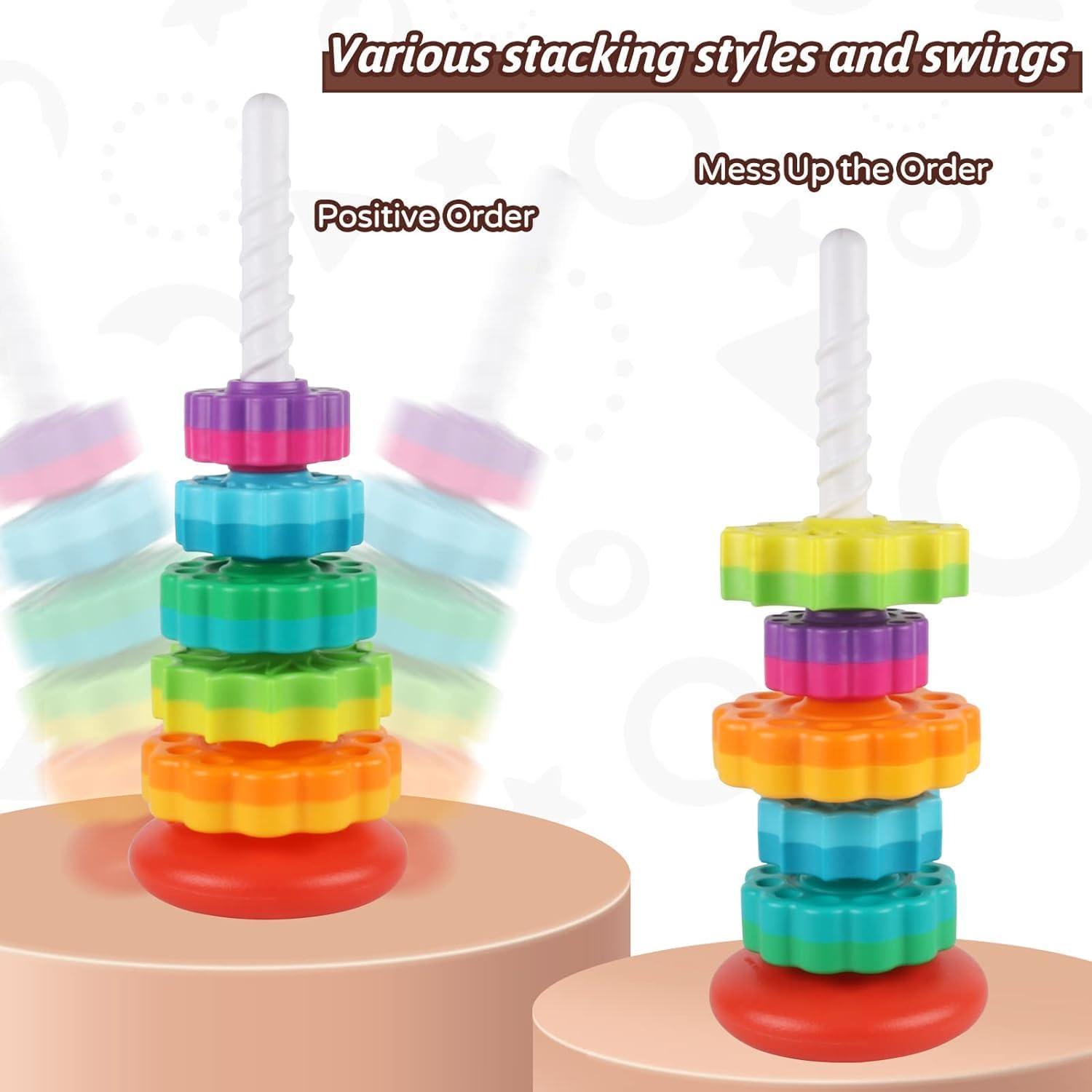 Baby Spinning Stacking Toys for Toddlers 1-3, Rainbow Ring Stacker Montessori Toys for Babies 6-12 Months, 1 2 3 One Year Old Girl Boy Christmas Birthday Gifts, Autism Sensory Learning Toy image number 4