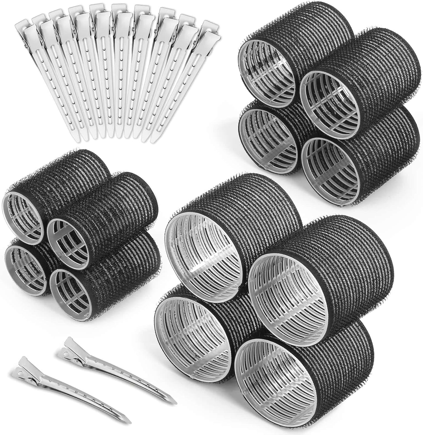 Self Grip Hair Rollers and Curlers Set - 24 Pieces with 3 Sizes (4 Jumbo, 4 Large, 4 Medium) and 12 Clips for Long, Short, Thick, Fine Hair Styling